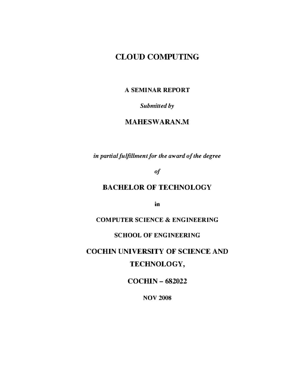 Cloud Computing Seminar Report - B.Tech in CSE (2008) - Studocu