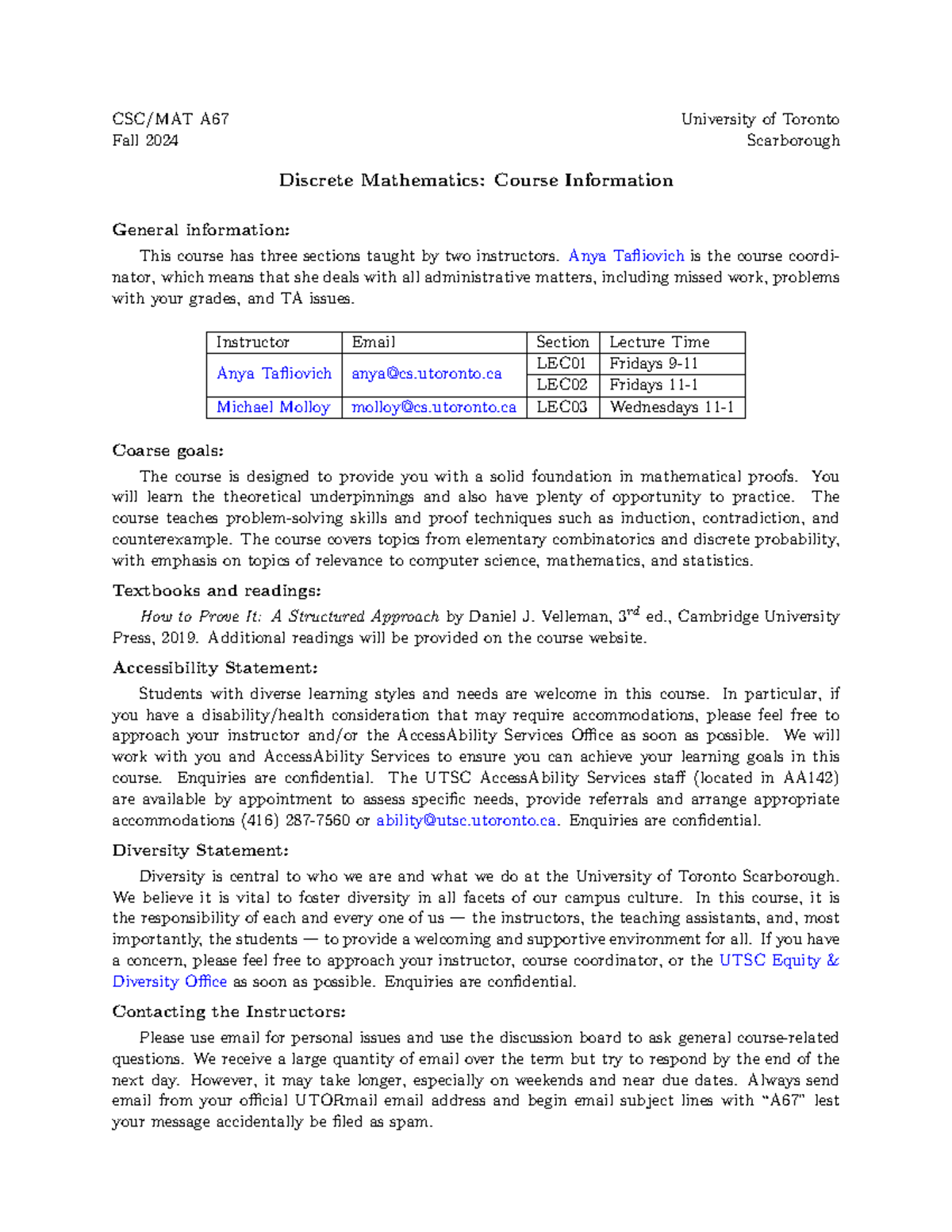 CSC/MAT A: Discrete Mathematics Syllabus - Fall 2024 - Studocu