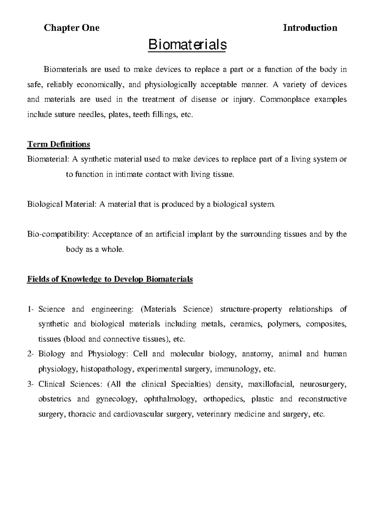 Chapter 1: Introduction to Biomaterials in Biomedical Engineering - Studocu