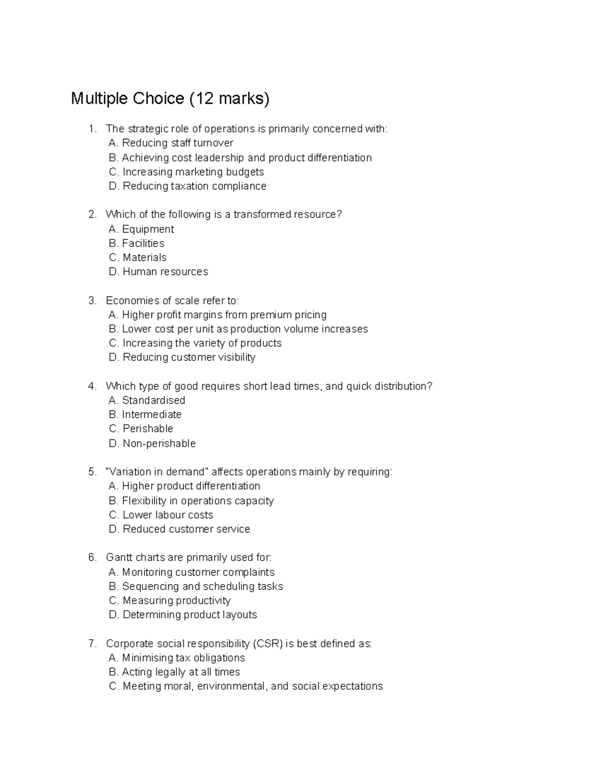 Multiple Choice Questions on Operations Strategy (12 Marks) - Studocu