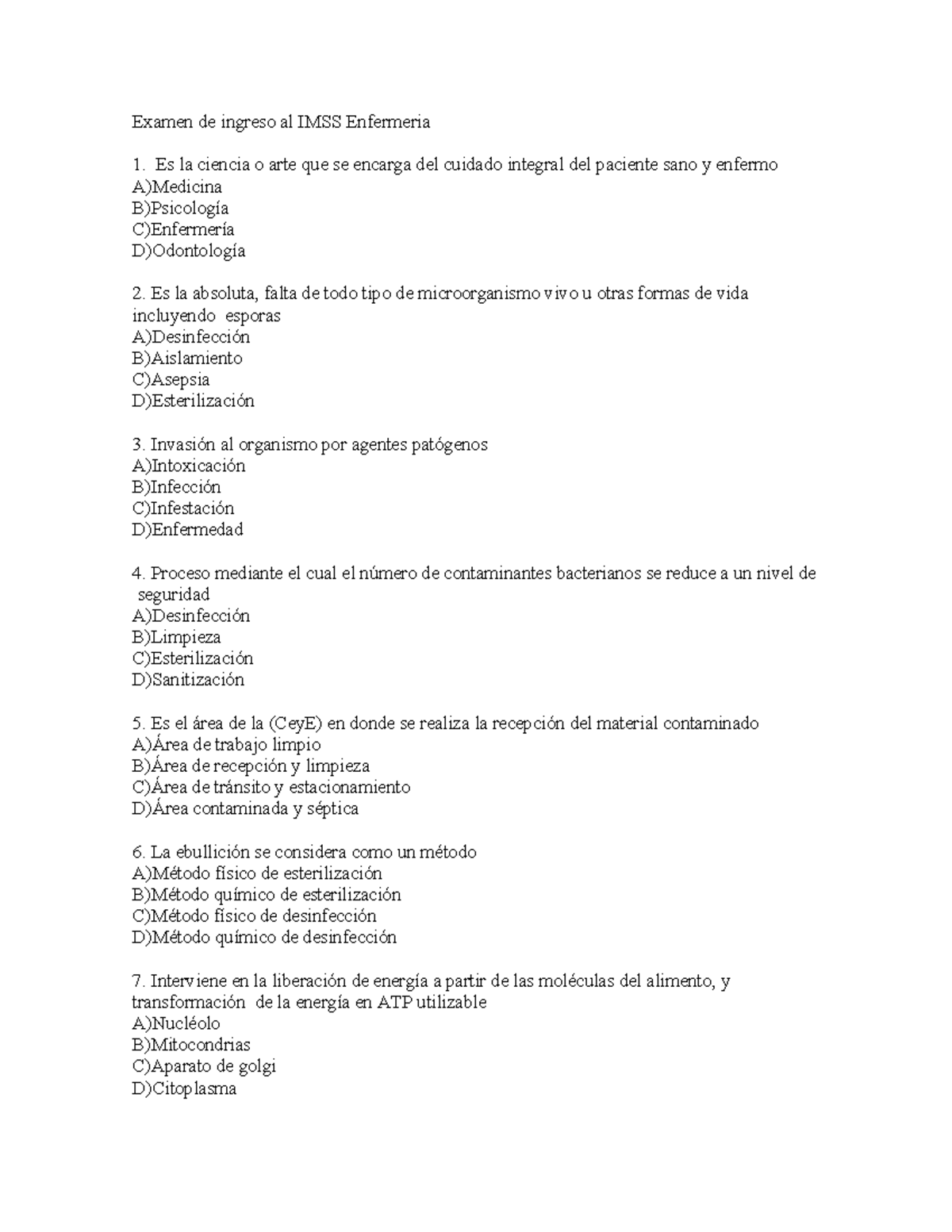 Examen de Ingreso a Enfermería IMSS - Cuestionario de Conocimientos - Document Preview