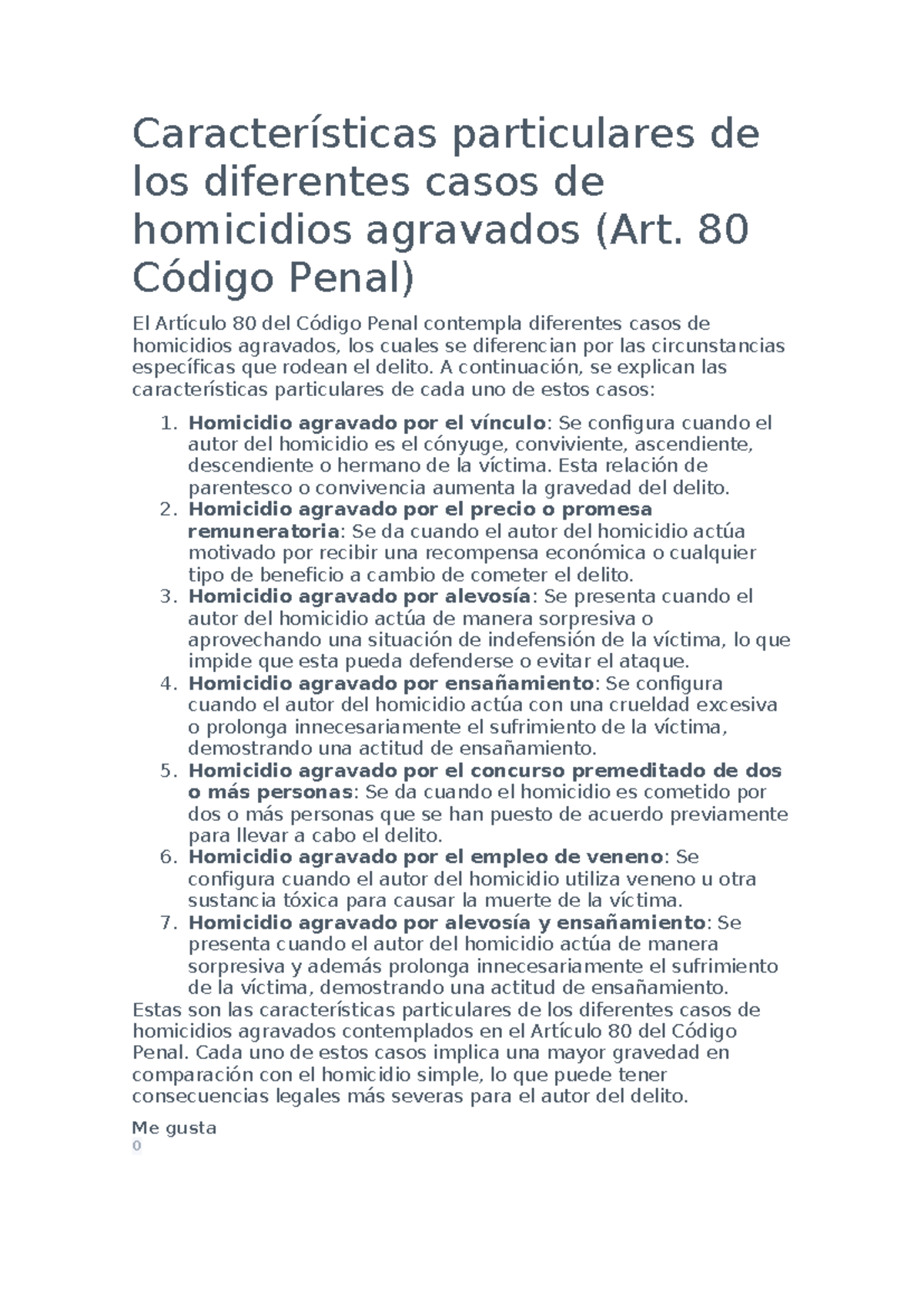 Características de los homicidios agravados según el Art. 80 del Código ...