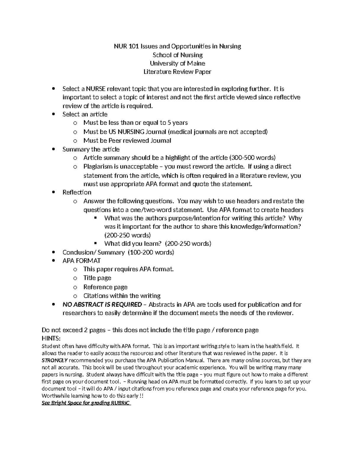 NUR 101 Literature Review Assignment Guide for Nursing Students - Studocu