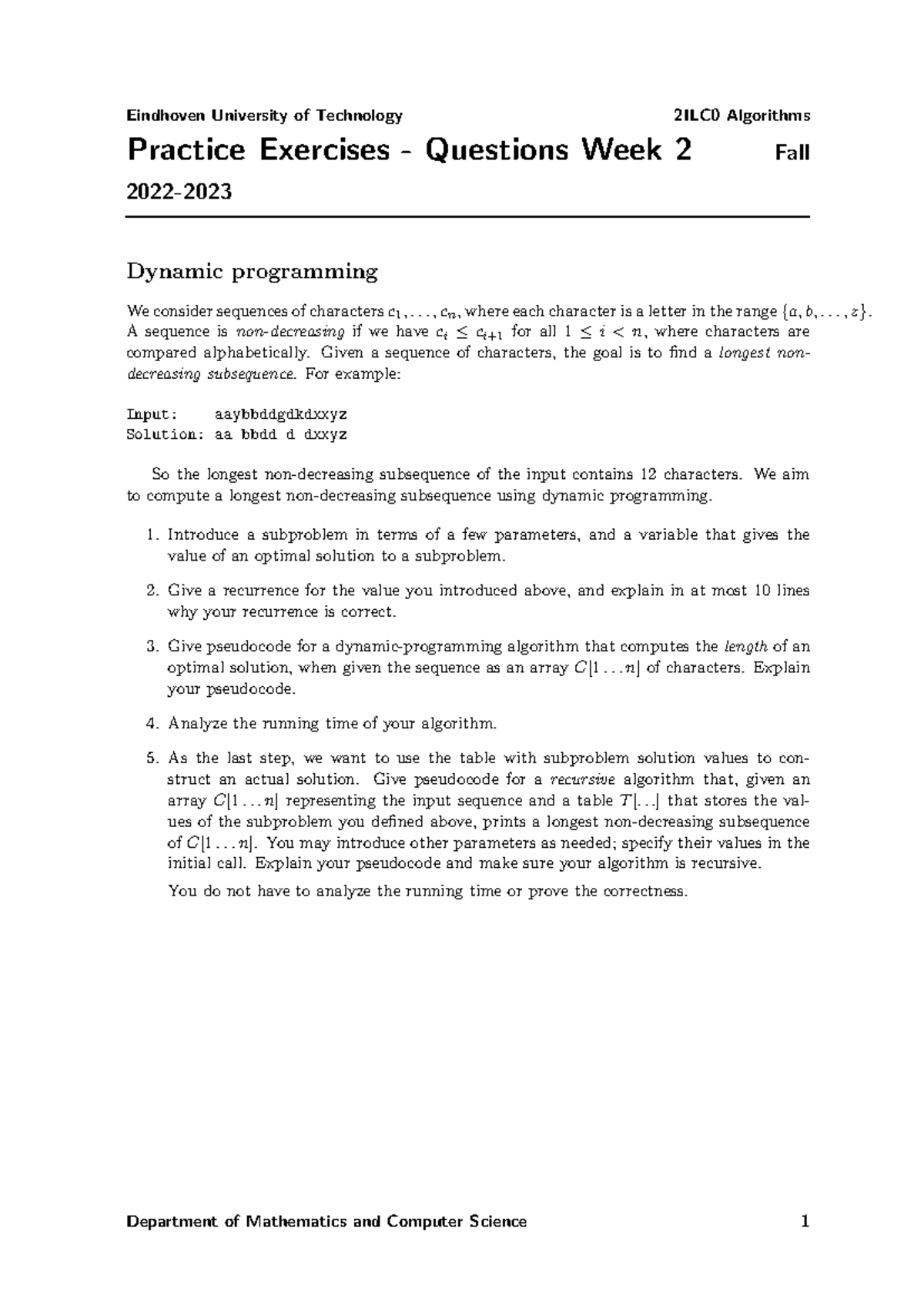 2ILC0 Algorithms - Practice Questions for Week 2: Dynamic Programming ...