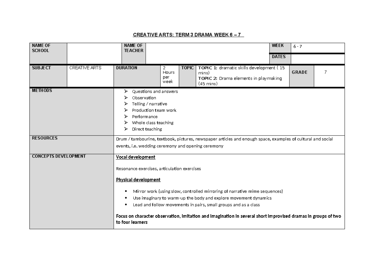 Creative Arts: Drama Lesson Plan for Grade 7 (Weeks 6-7) - Studocu