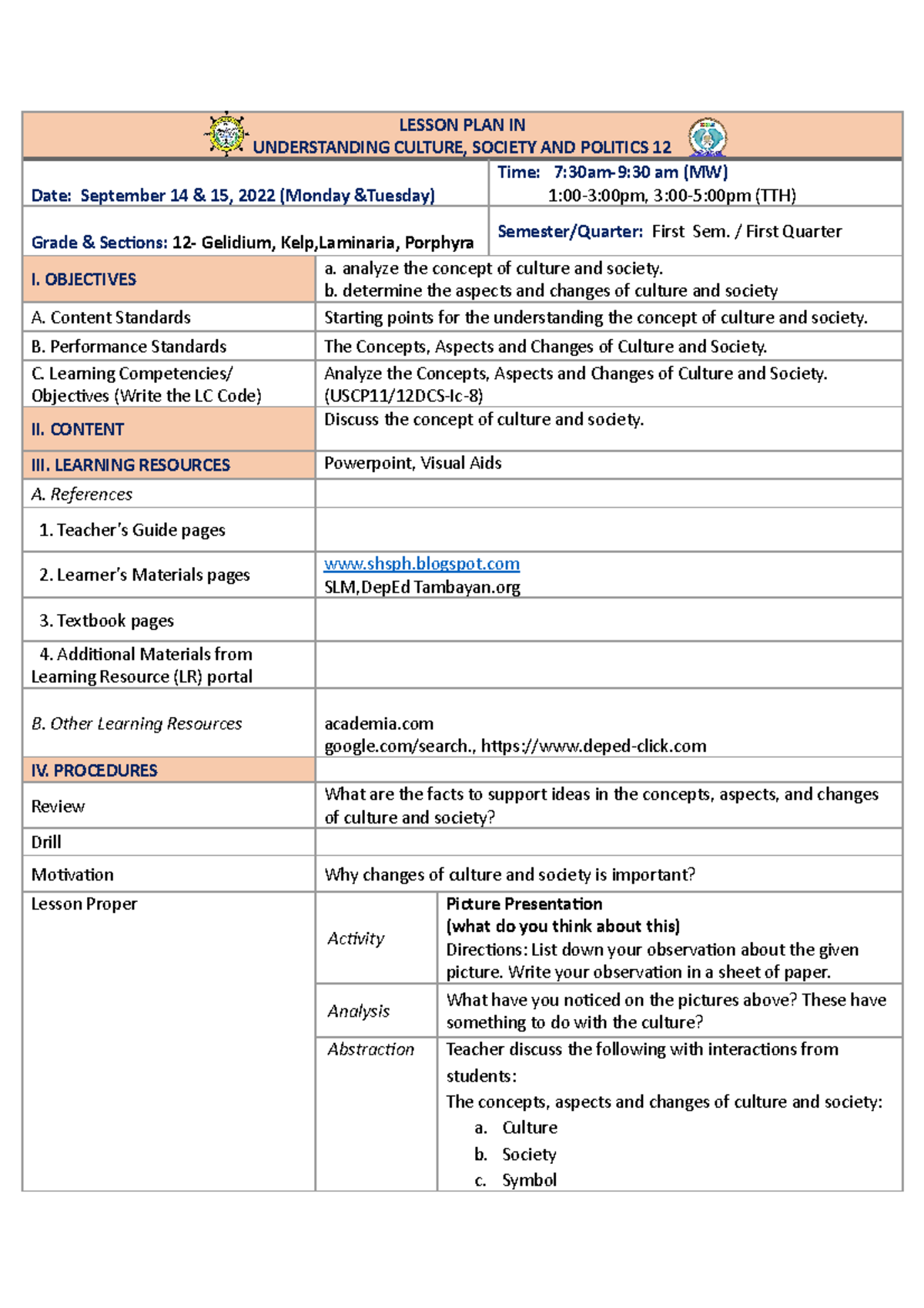 Lesson Plan on Understanding Culture, Society and Politics 12 - DLP ...