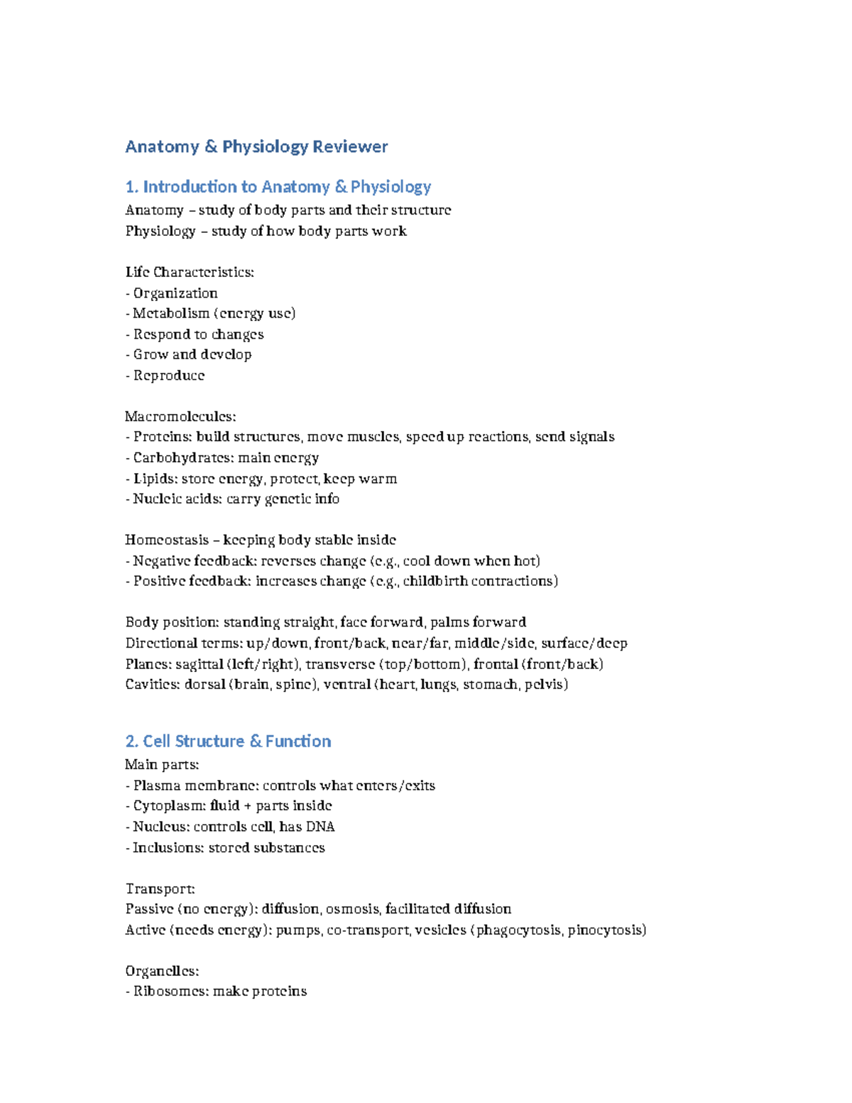 Anatomy Physiology Reviewer: Key Concepts and Structures - Studocu