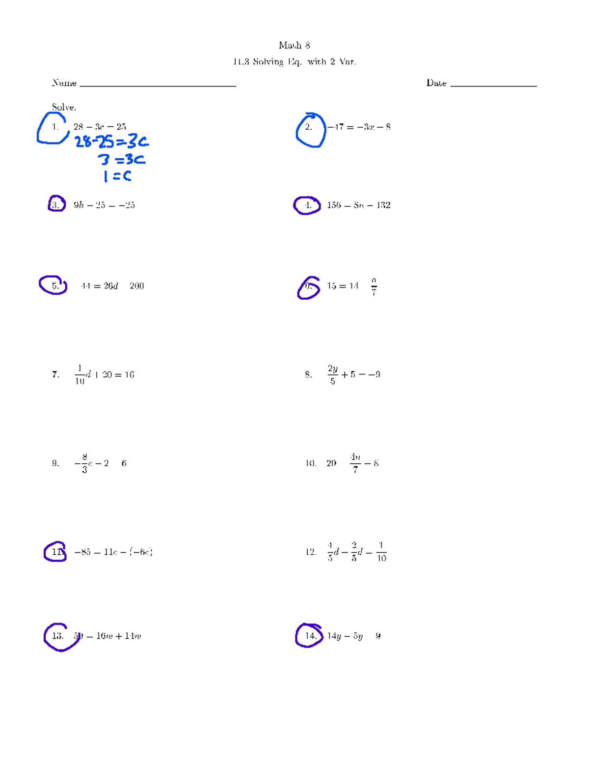 Math 8 Homework: Solving Equations with 2 Variables - Studocu