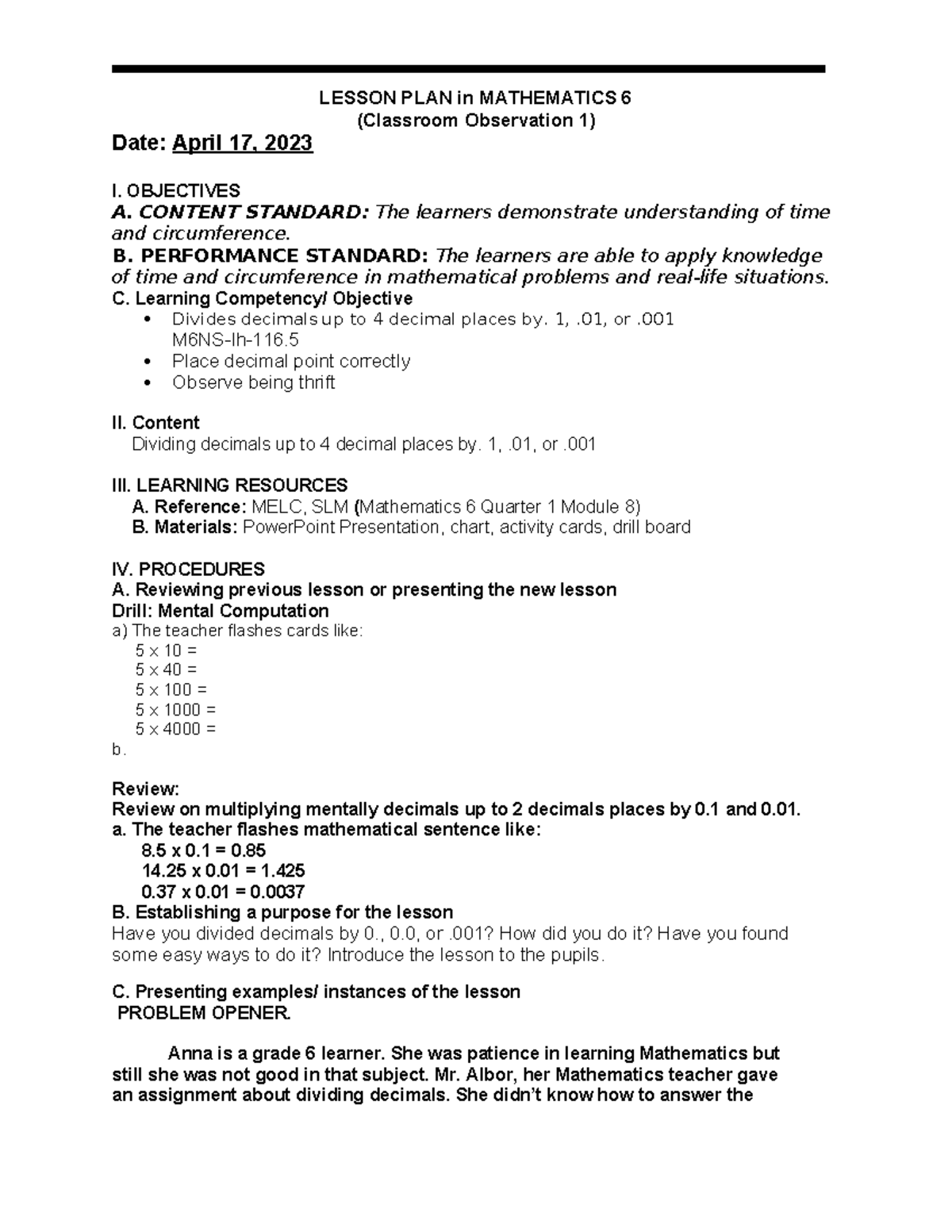 CO1 Math 6 Lesson Plan - Dividing Decimals and Circumference - Studocu