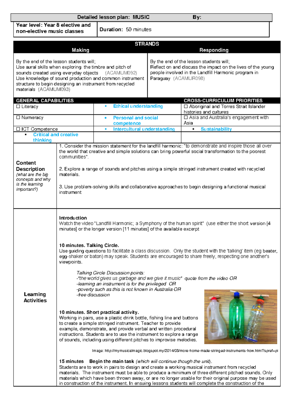 Year 8 Music Lesson Plan: Exploring Sound with Recycled Instruments ...