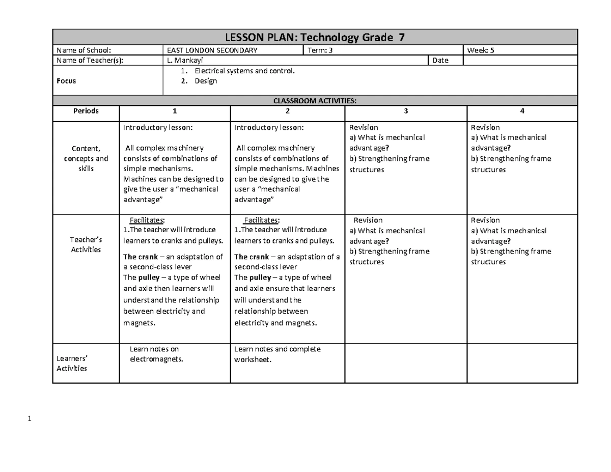Technology Lesson Plan: Grade 7 Term 3 Week 3 Activities - Studocu