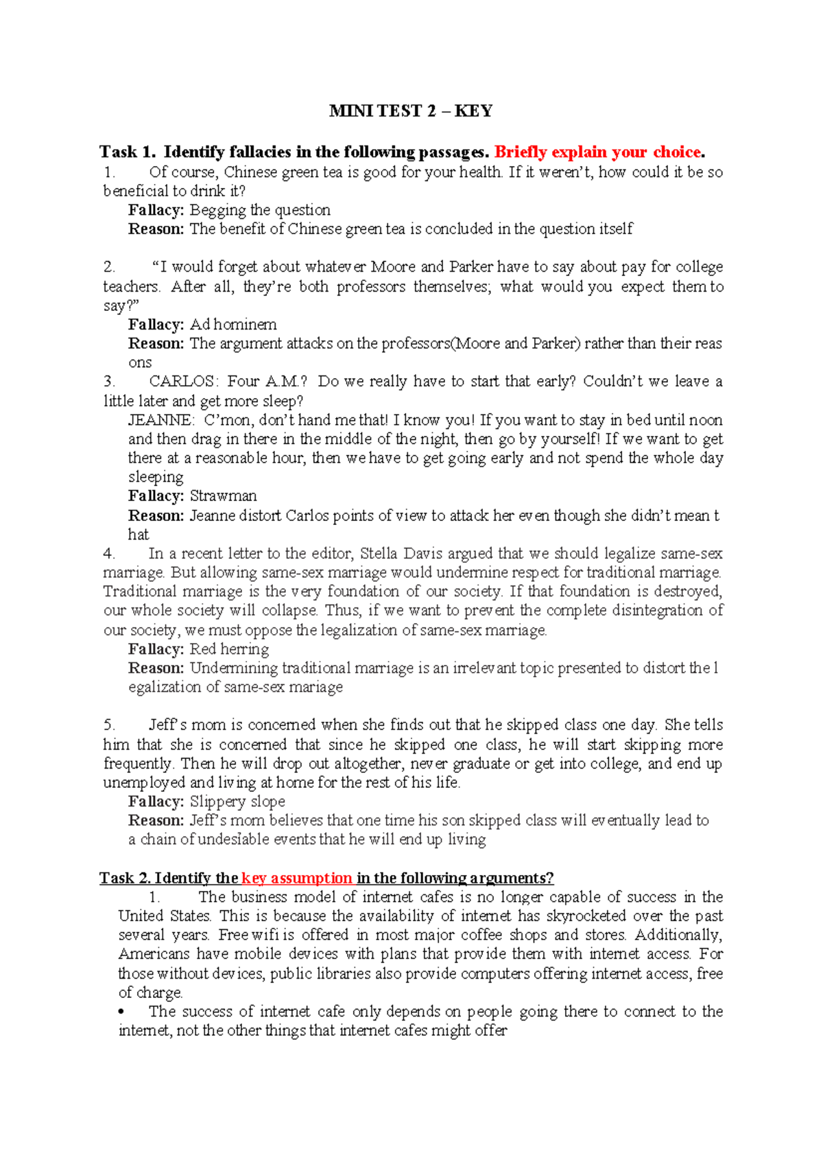 MINI TEST 2 KEY - Analyzing Logical Fallacies and Assumptions - Studocu