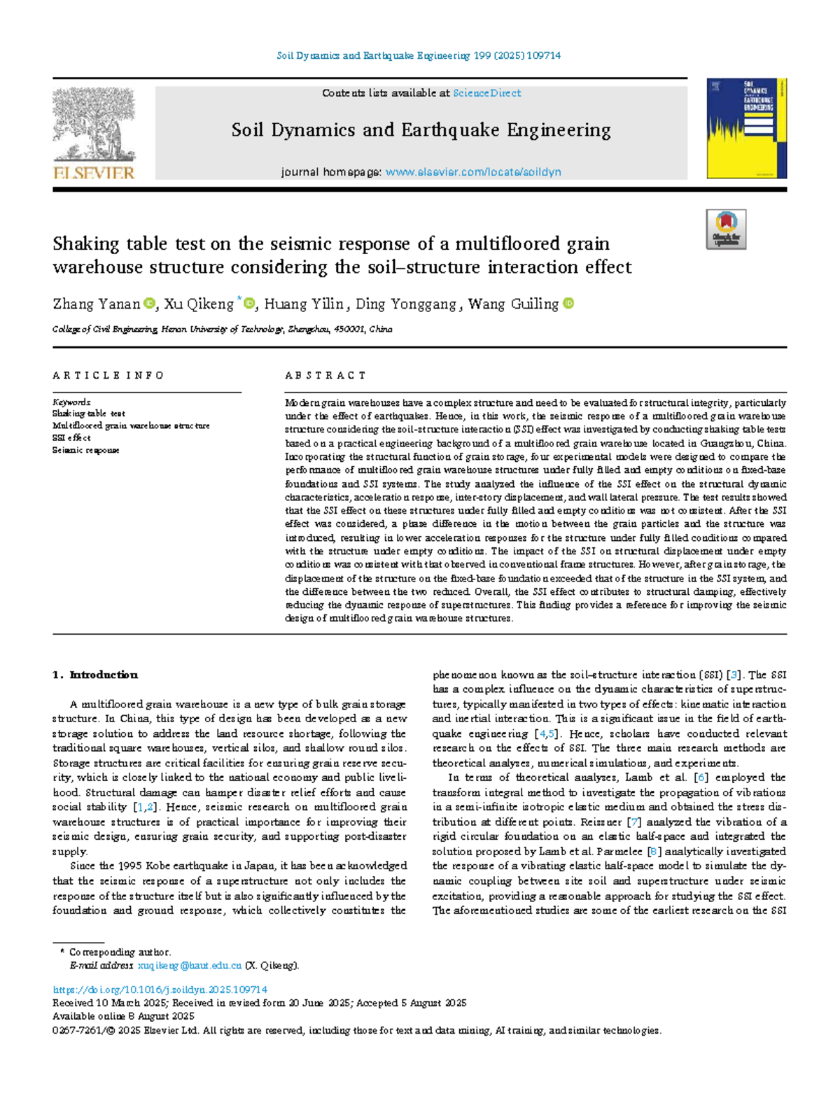Shaking Table Test on Seismic Response of Multifloored Grain Warehouse ...