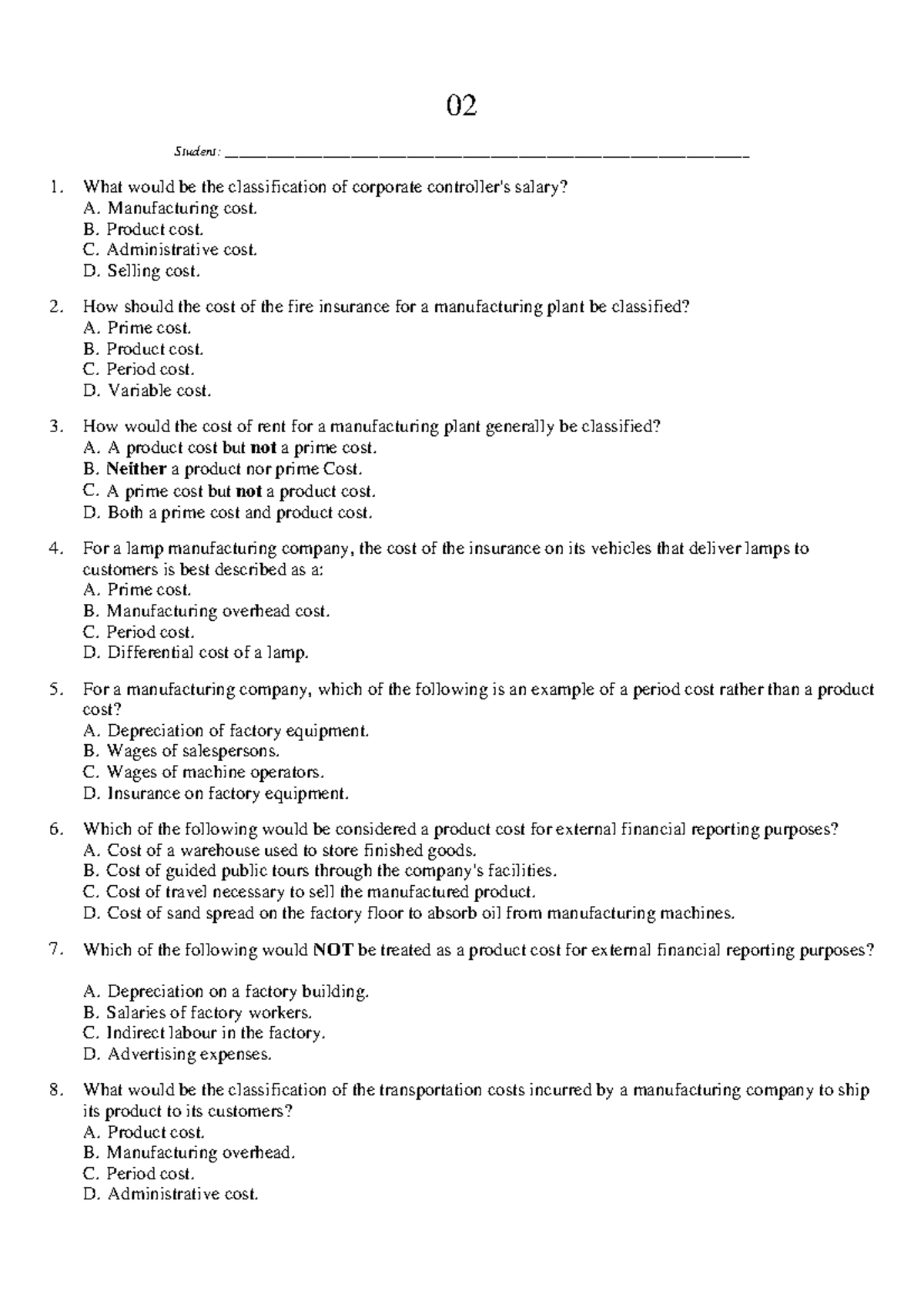 02 - Cost Classification Questions and Answers for ACC101 - Studocu