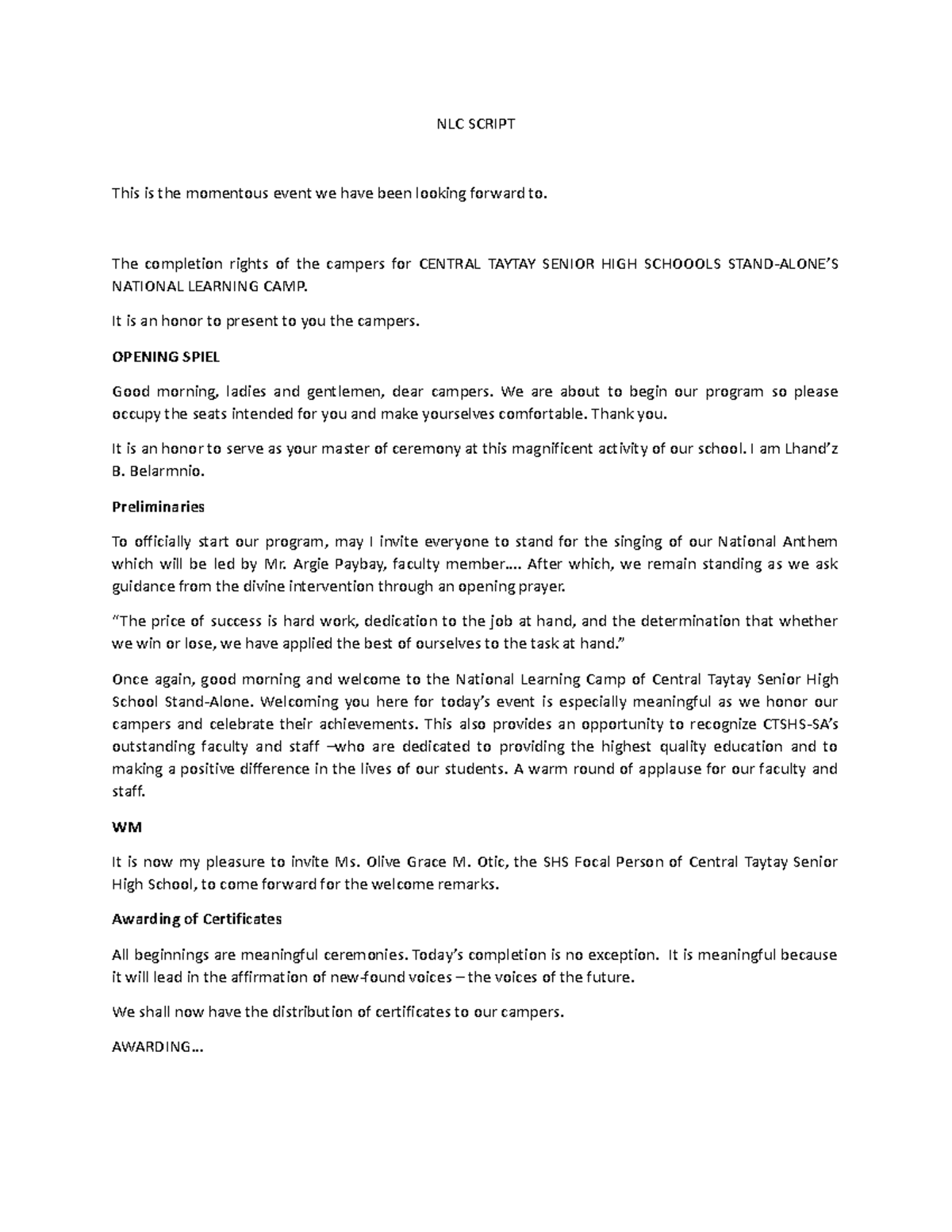NLC Script for CENTRAL TAYTAY SENIOR HIGH School's Completion Ceremony ...