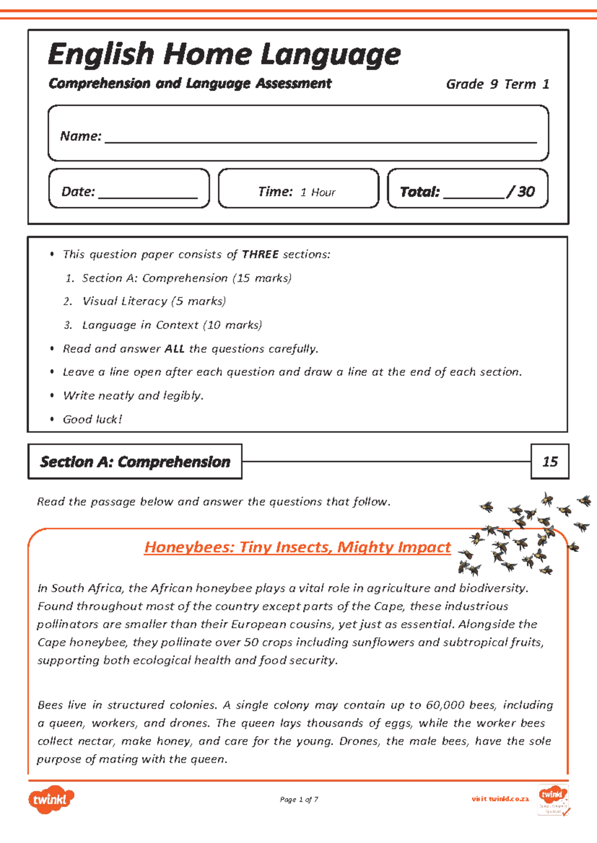 Grade 9 English HL: Comprehension & Language Assessment Term 1 - Studocu