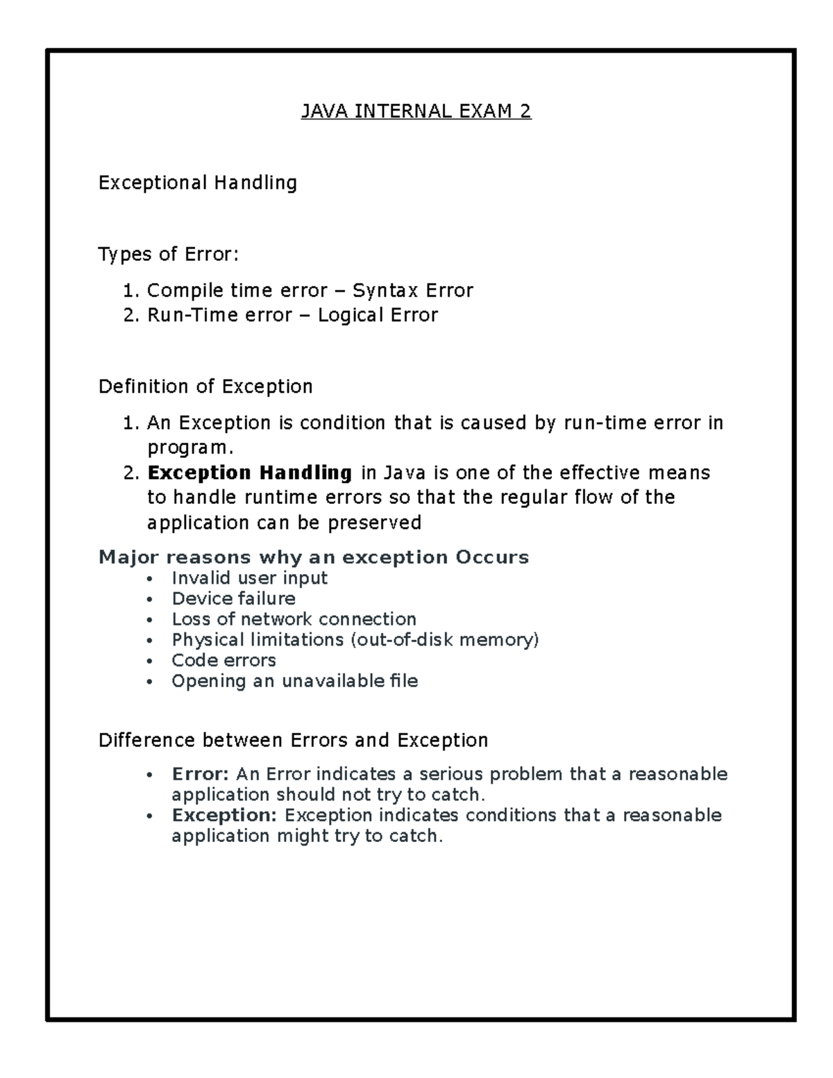JAVA Internal EXAM 2: Exception Handling & Key Concepts - Studocu