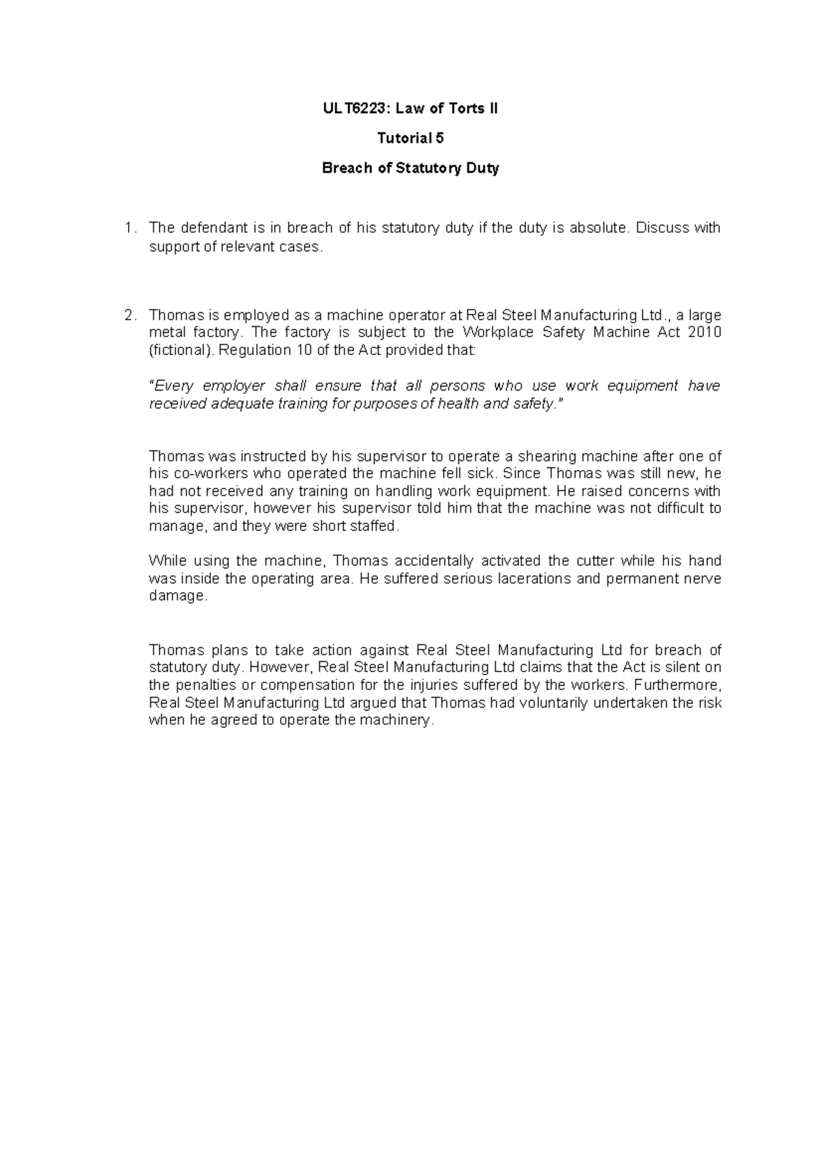 ULT6223: Law of Torts II Tutorial 5 - Breach of Statutory Duty Analysis ...