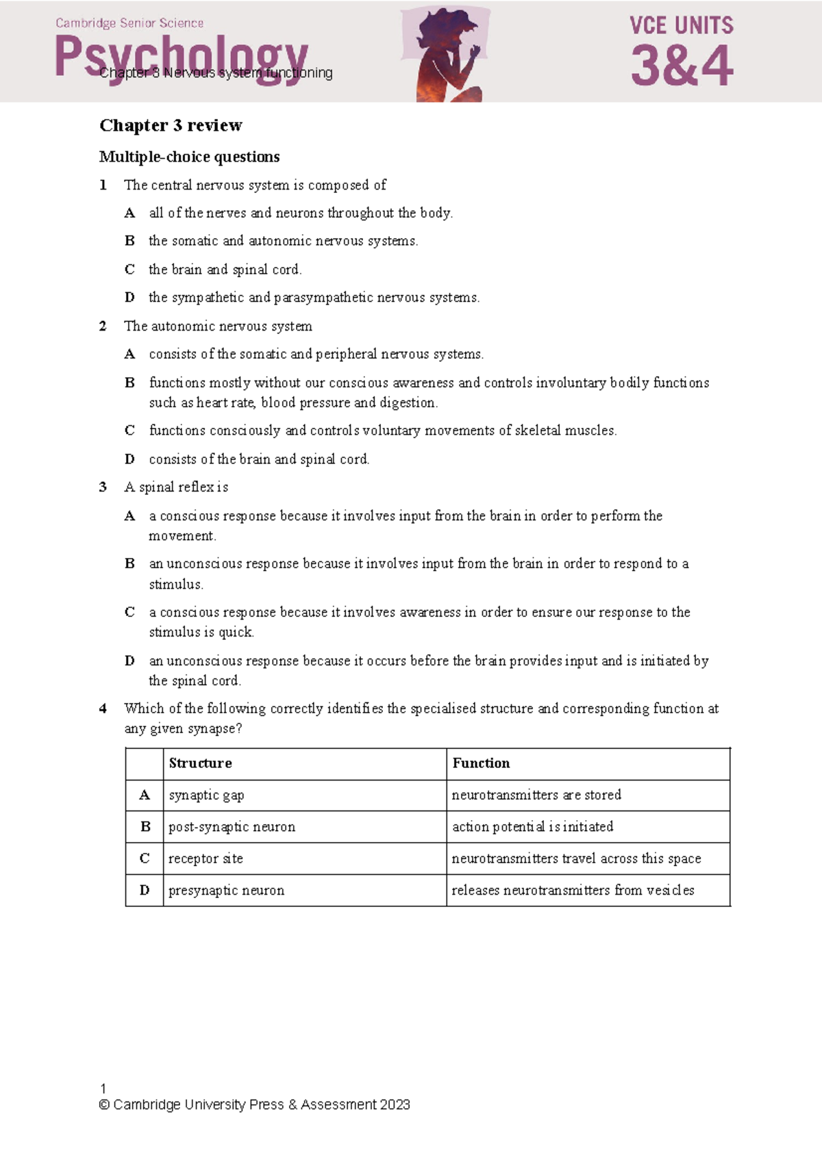 Chapter 3 Nervous System Functioning: Review Questions and Answers ...