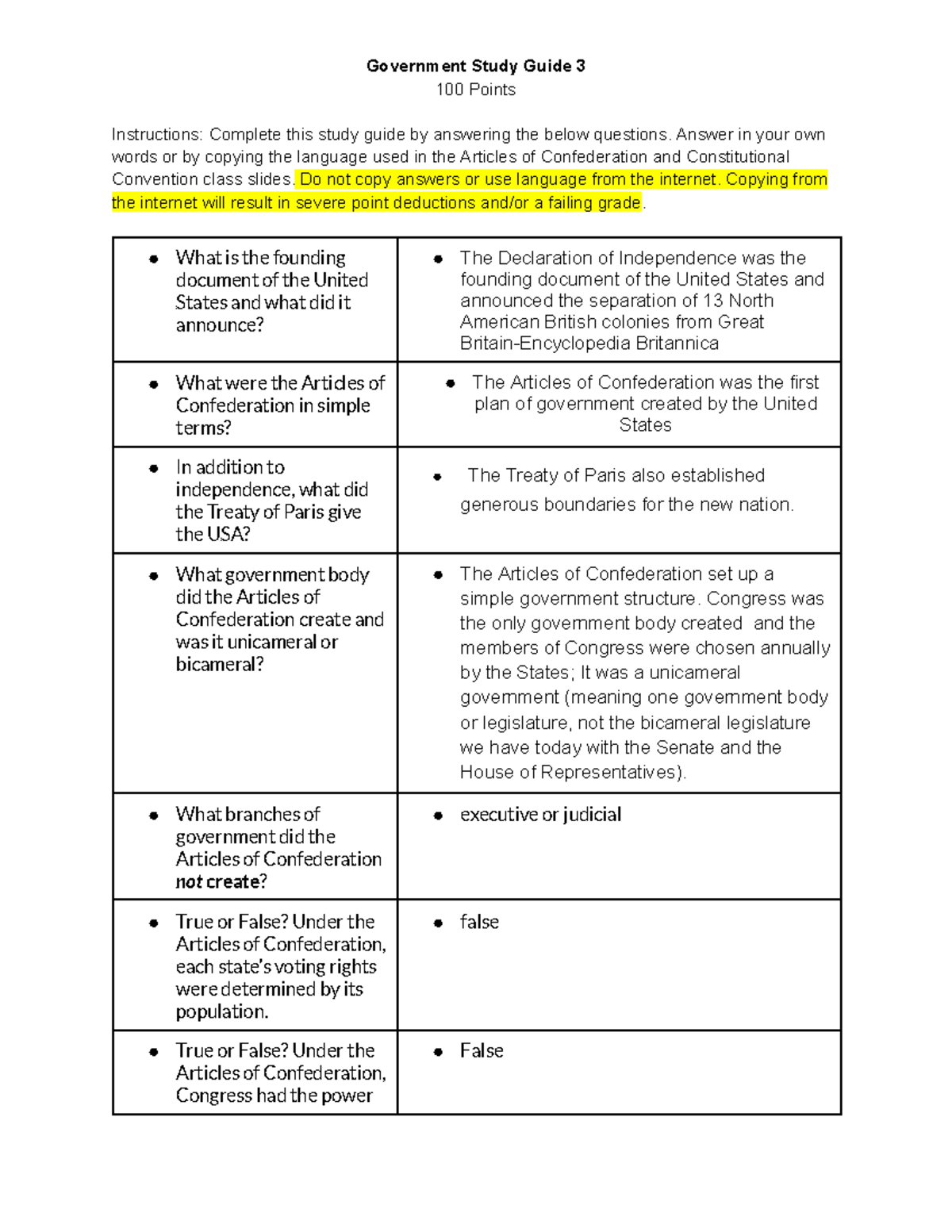 Copy of Government Study Guide 3 - Government Study Guide 3 100 Points ...