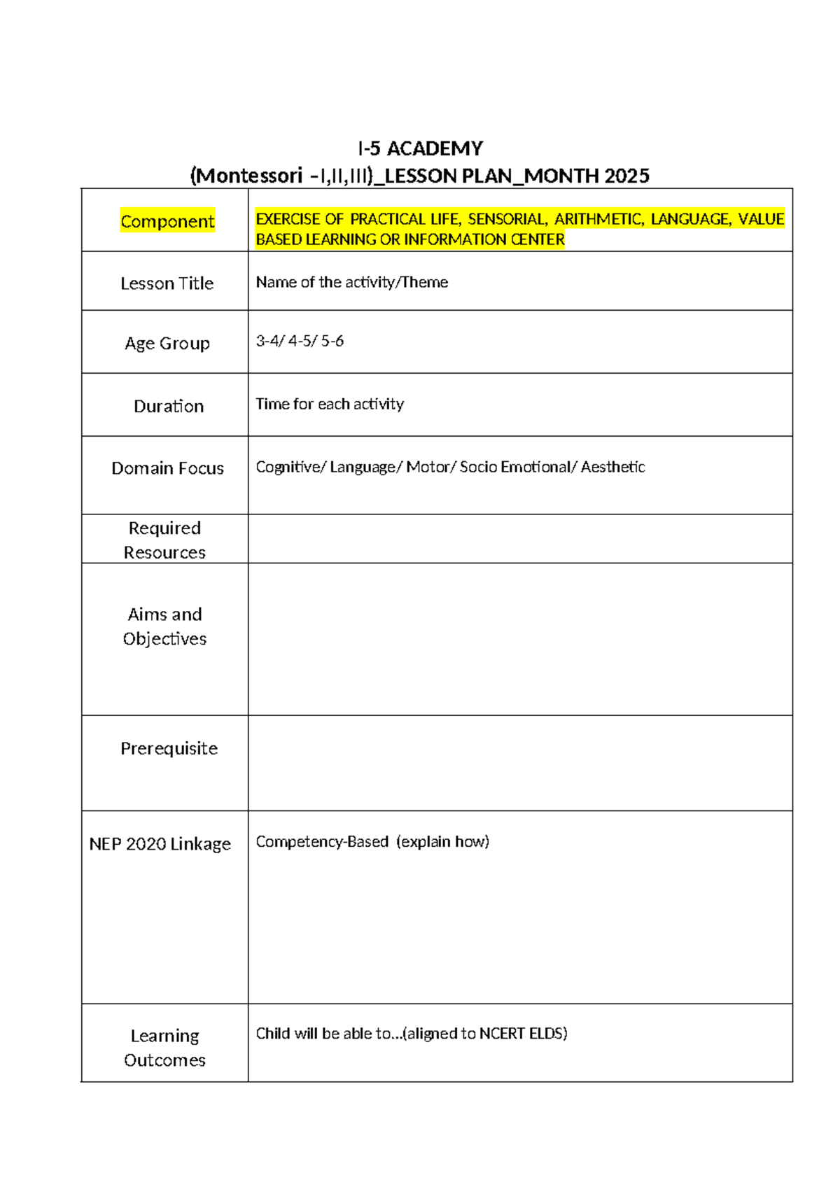 Montessori Lesson Plan Format (PLAN_MONTH 2025) for Practical Life ...