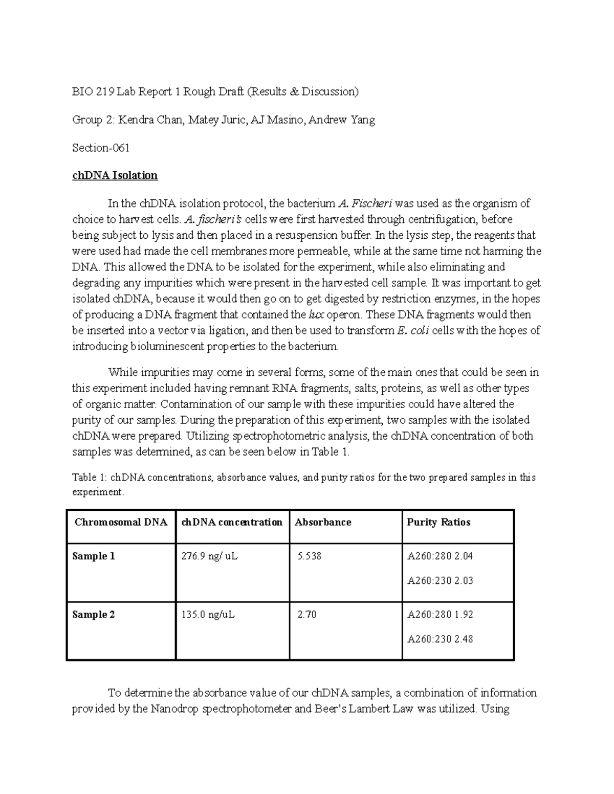BIO219 Lab Report 1: Results on chDNA Isolation & Transformation - Studocu