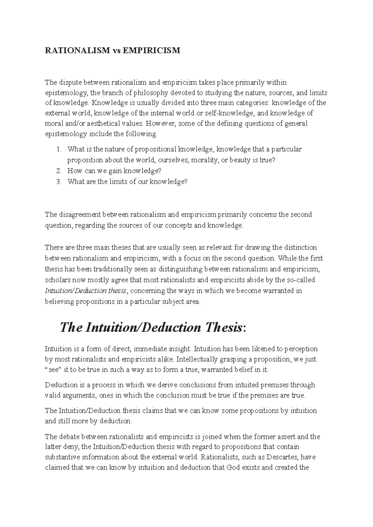 Rationalism vs Empiricism: Key Theses in Epistemology (PHIL 101) - Studocu