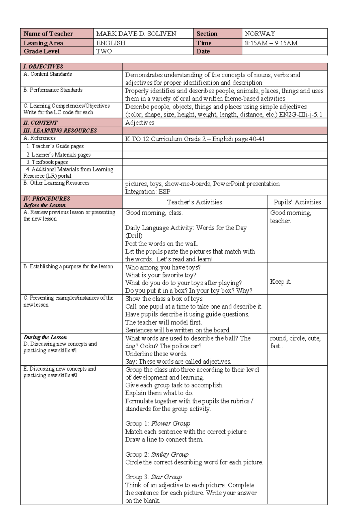 COT English - LESSON PLAN - Name of Teacher MARK DAVE D. SOLIVEN ...