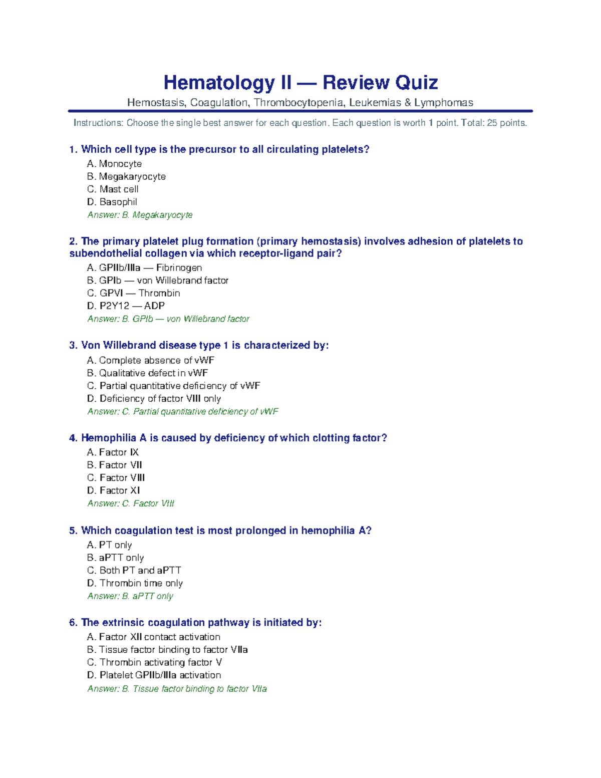 Hematology II Review Quiz: Hemostasis, Coagulation & Disorders - Studocu