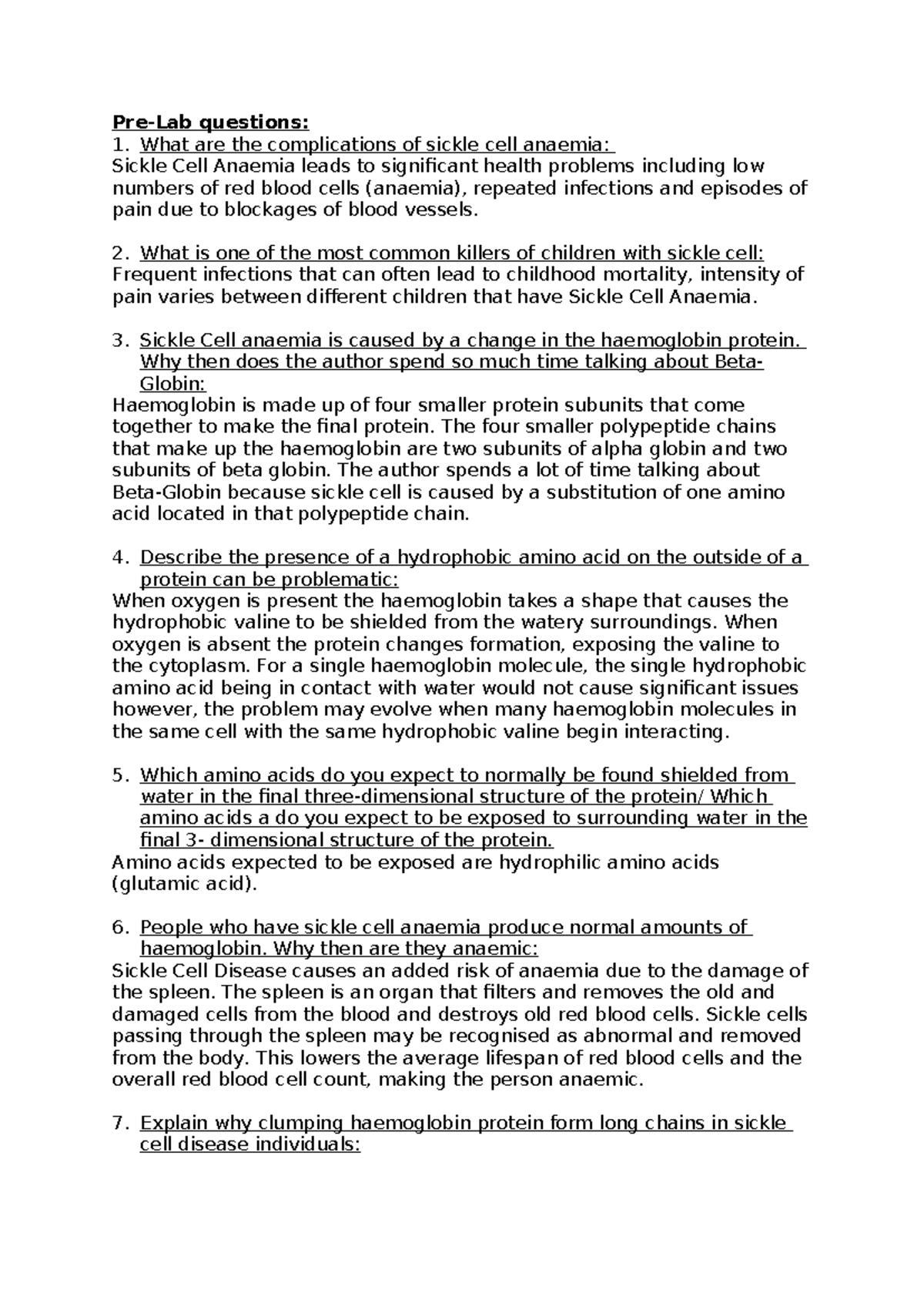 Pre Lab Questions on Sickle Cell Anaemia: Complications & Genetics ...