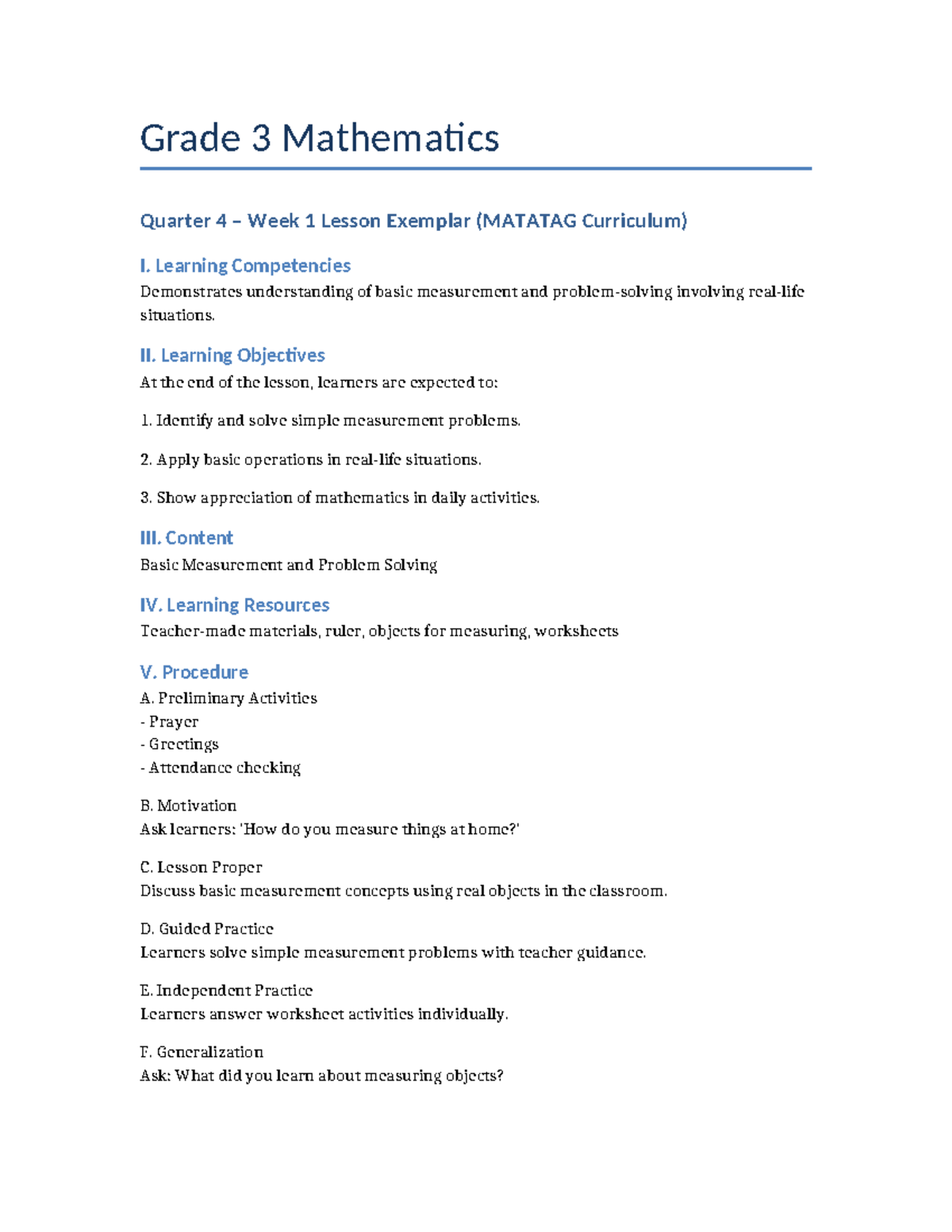 Grade 3 Math Q4 W1 Lesson Exemplar: Basic Measurement Concepts - Studocu