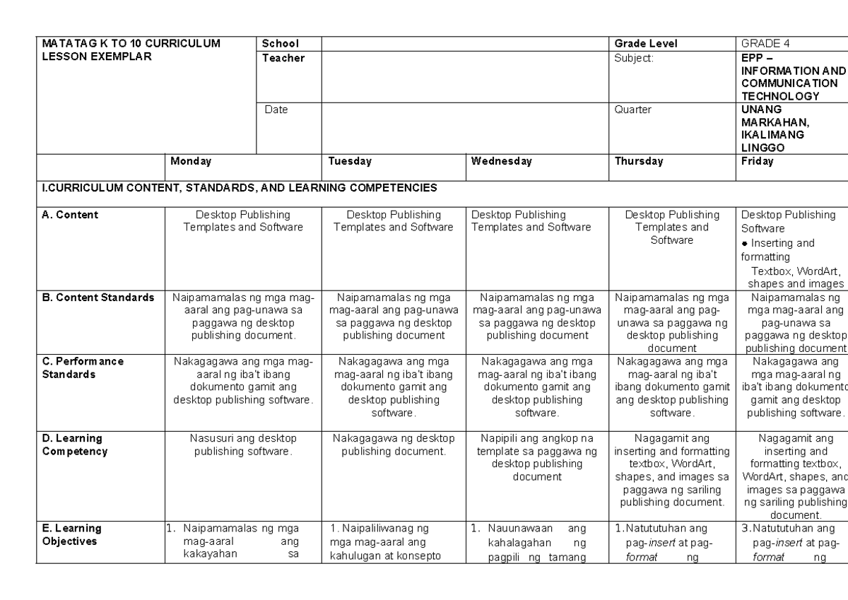 Grade 4 EPP ICT Lesson Exemplar: Desktop Publishing Techniques - Studocu