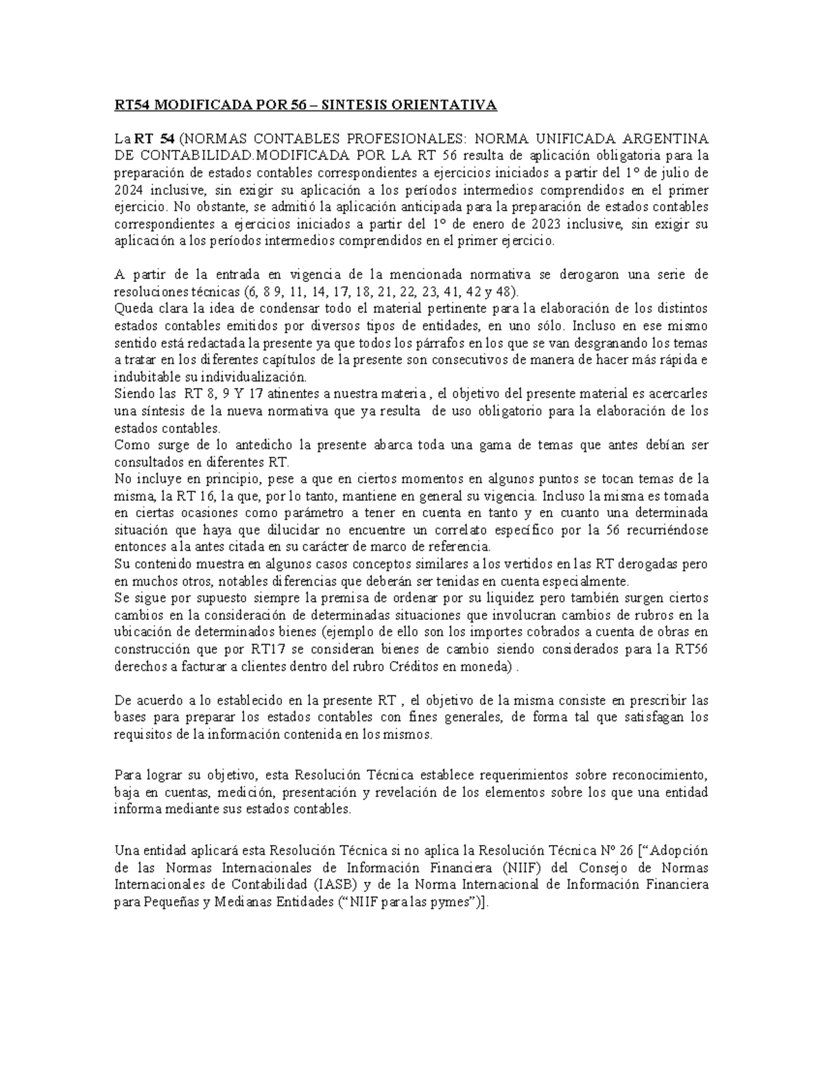 Sintesis de la RT 54 Modificada por la RT 56: Normativa Contable - Studocu
