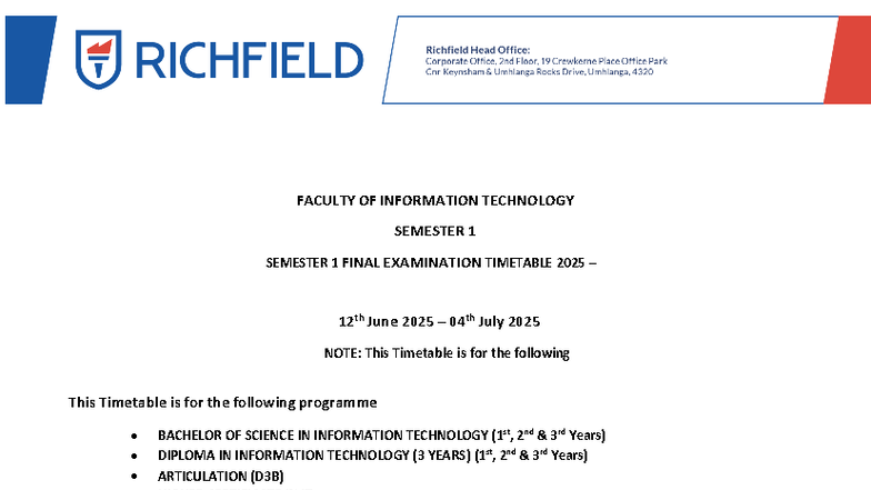 Semester 1 Final Exam Timetable 2025 for IT Programs - Studocu