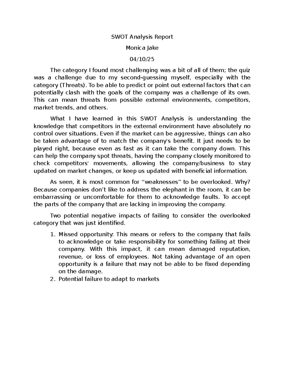 SWOT Analysis Report Monica Jake 6 - SWOT Analysis Report Monica Jake ...
