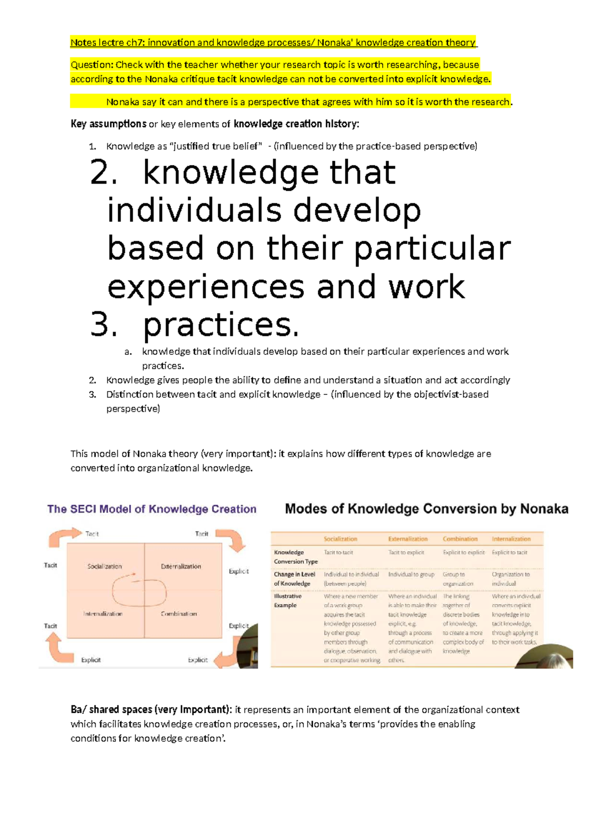 Notes Ch7: Innovation & Knowledge Processes - Nonaka's Theory - Studocu