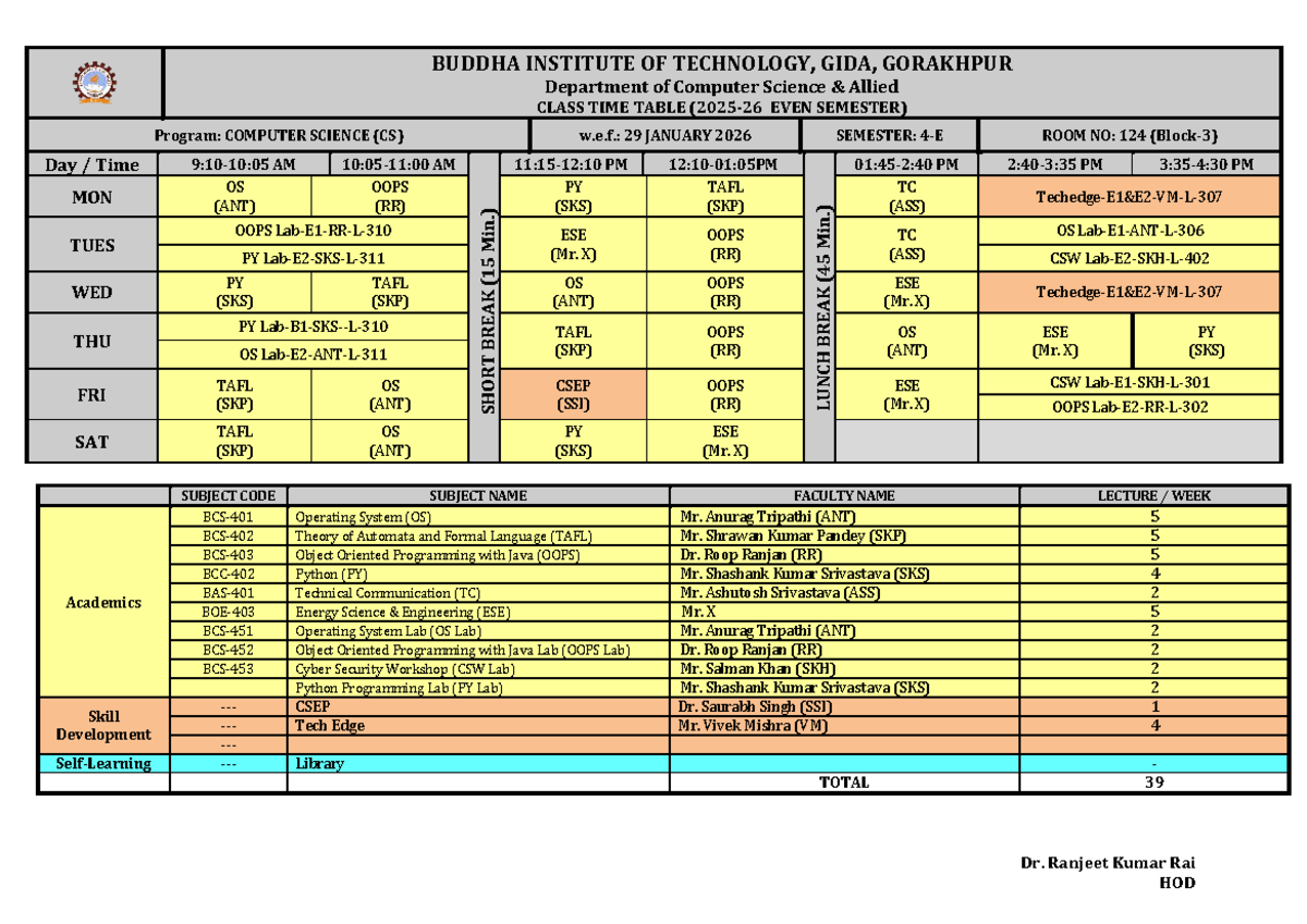 CS 2nd & 3rd Year Class Time Table Even Semester 2025-26 - Studocu