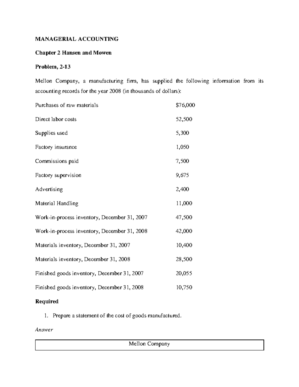 Managerial Accounting Hansen and Mowen Ch 2 Problem 2-13 Solutions ...