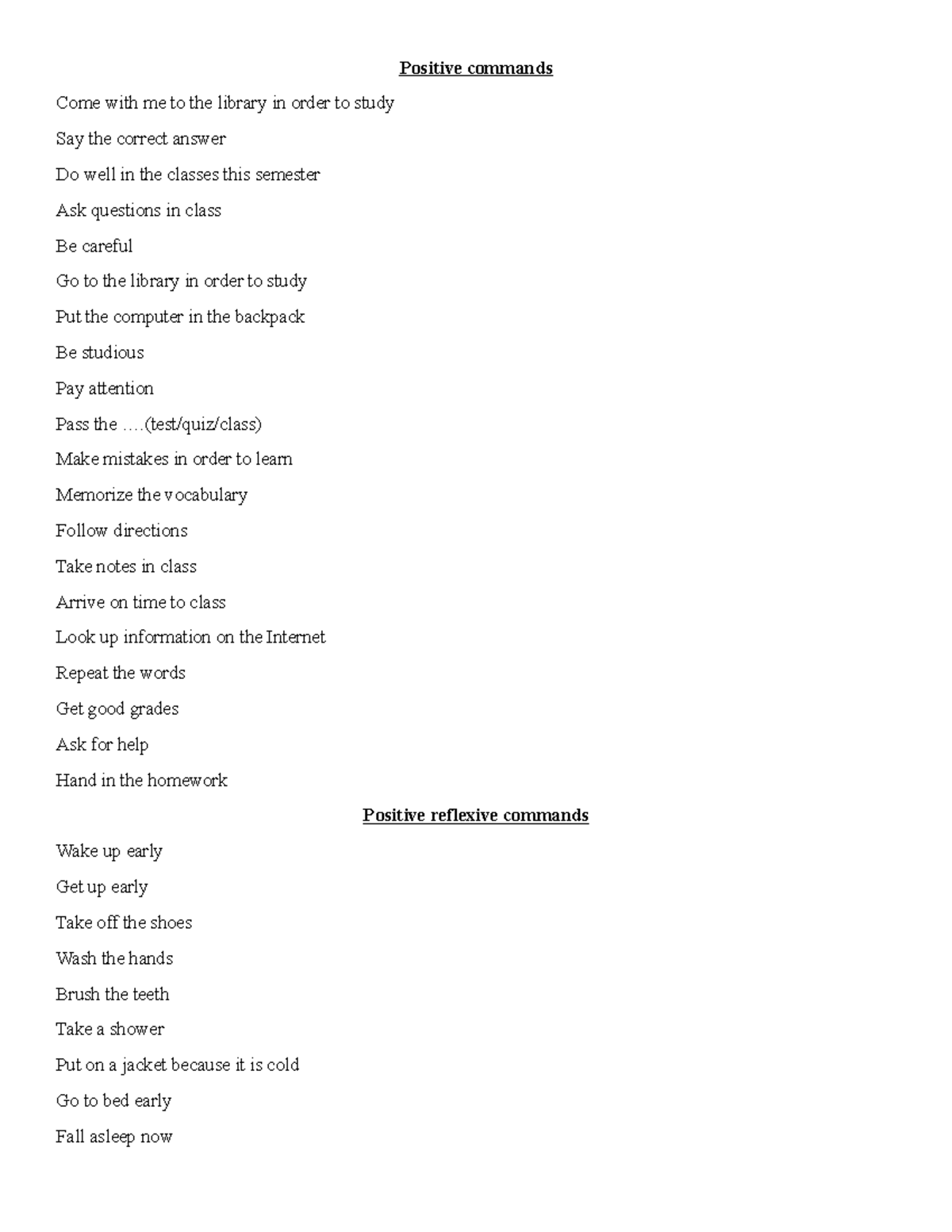 Final+EXAM-+Positive+Command+vocab+list - Positive commands Come with ...