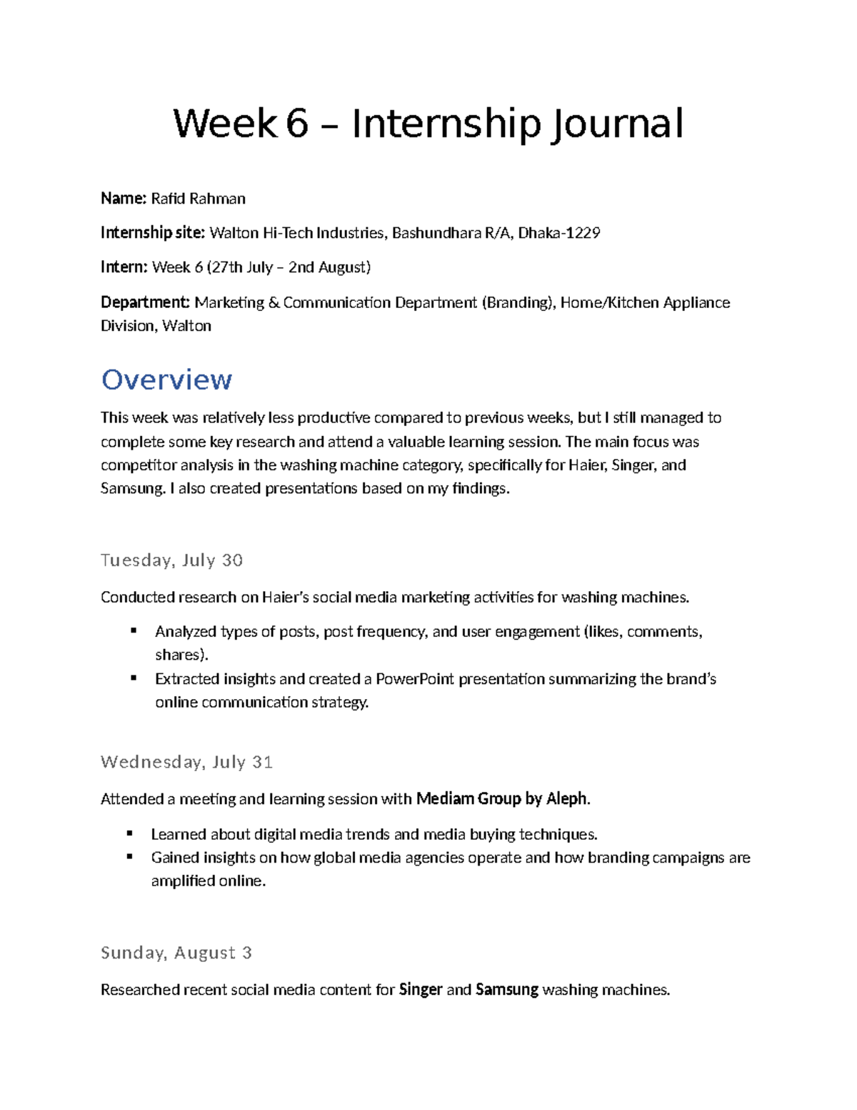 Week 6 Internship Journal: Marketing Comm at Walton Industries - Studocu