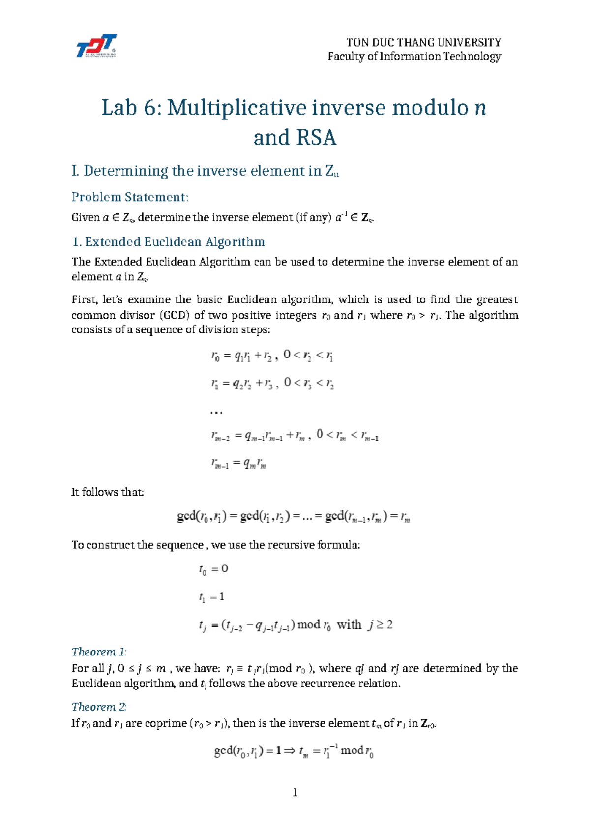 Lab 7: Multiplicative Inverse Modulo n & RSA Cryptography Techniques ...