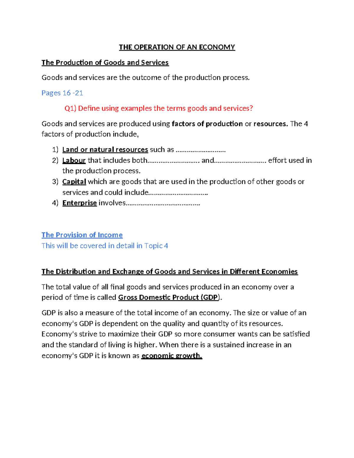 Economics 101: The Operation of an Economy and Production Factors - Studocu