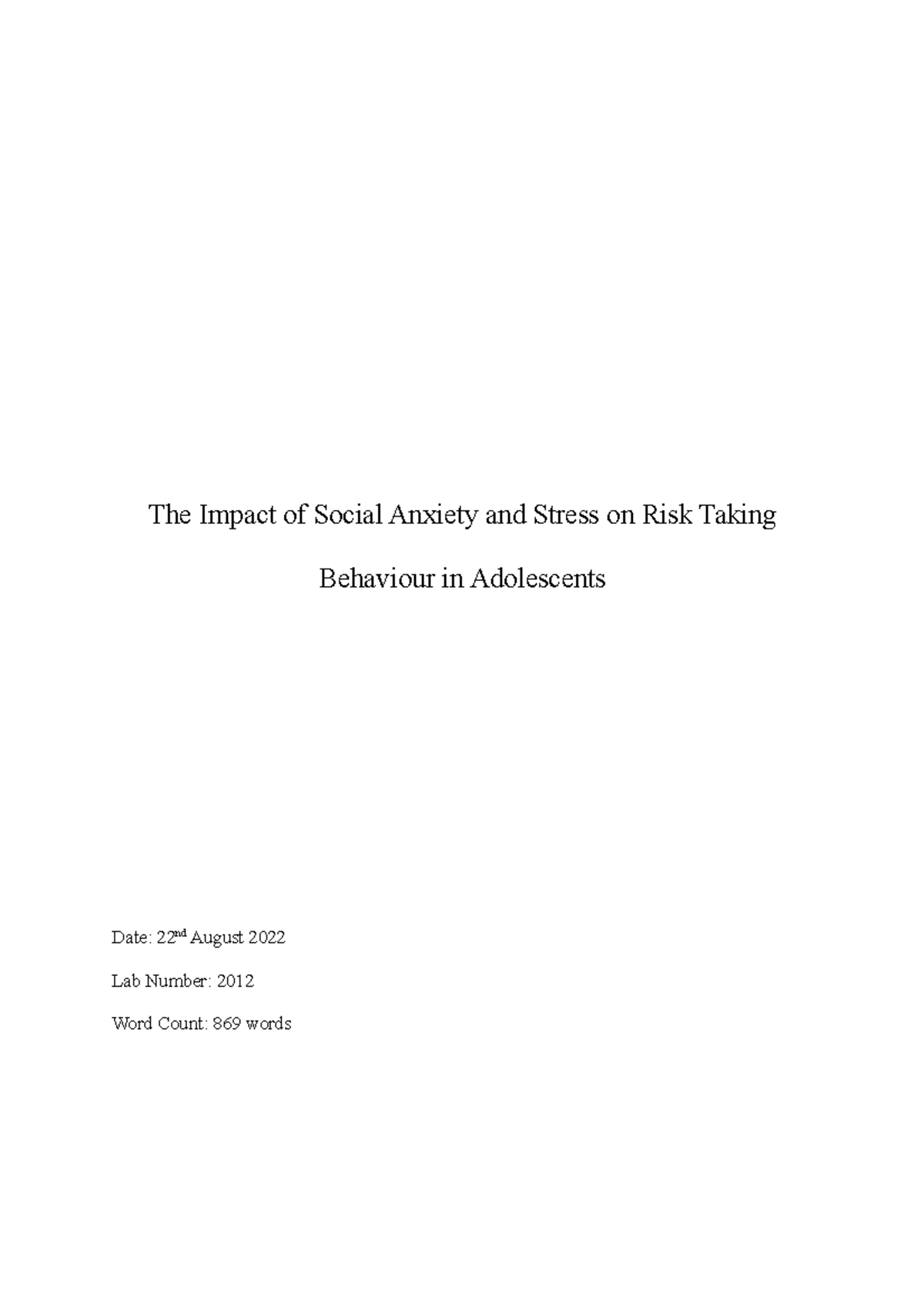 PSYC211 Literature Review: Social Anxiety, Stress & Adolescent Risk ...