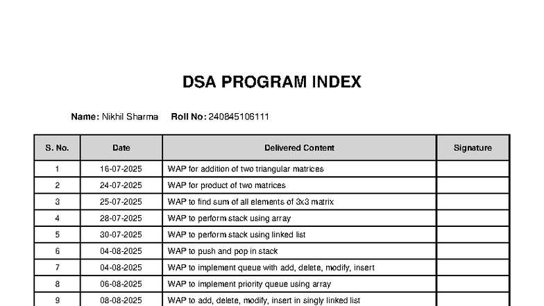 DSA Program Index: WAPs for Matrix & Data Structure Operations - Studocu