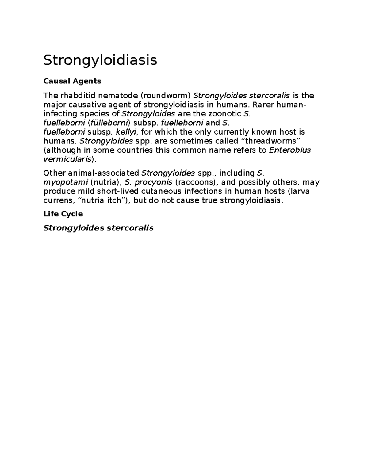 Strongyloidiasis - Lecture notes 1 - Strongyloidiasis Causal Agents The ...