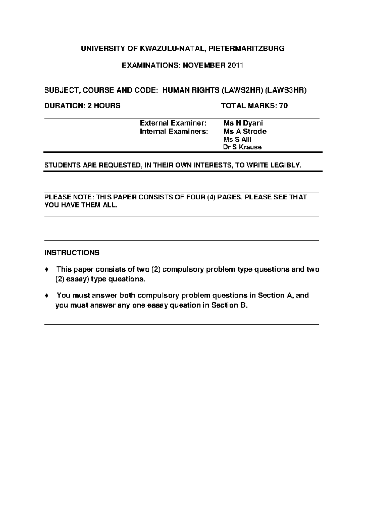 Human Rights Exam Questions - November 2011 (LAWS2HR, LAWS3HR) - Studocu