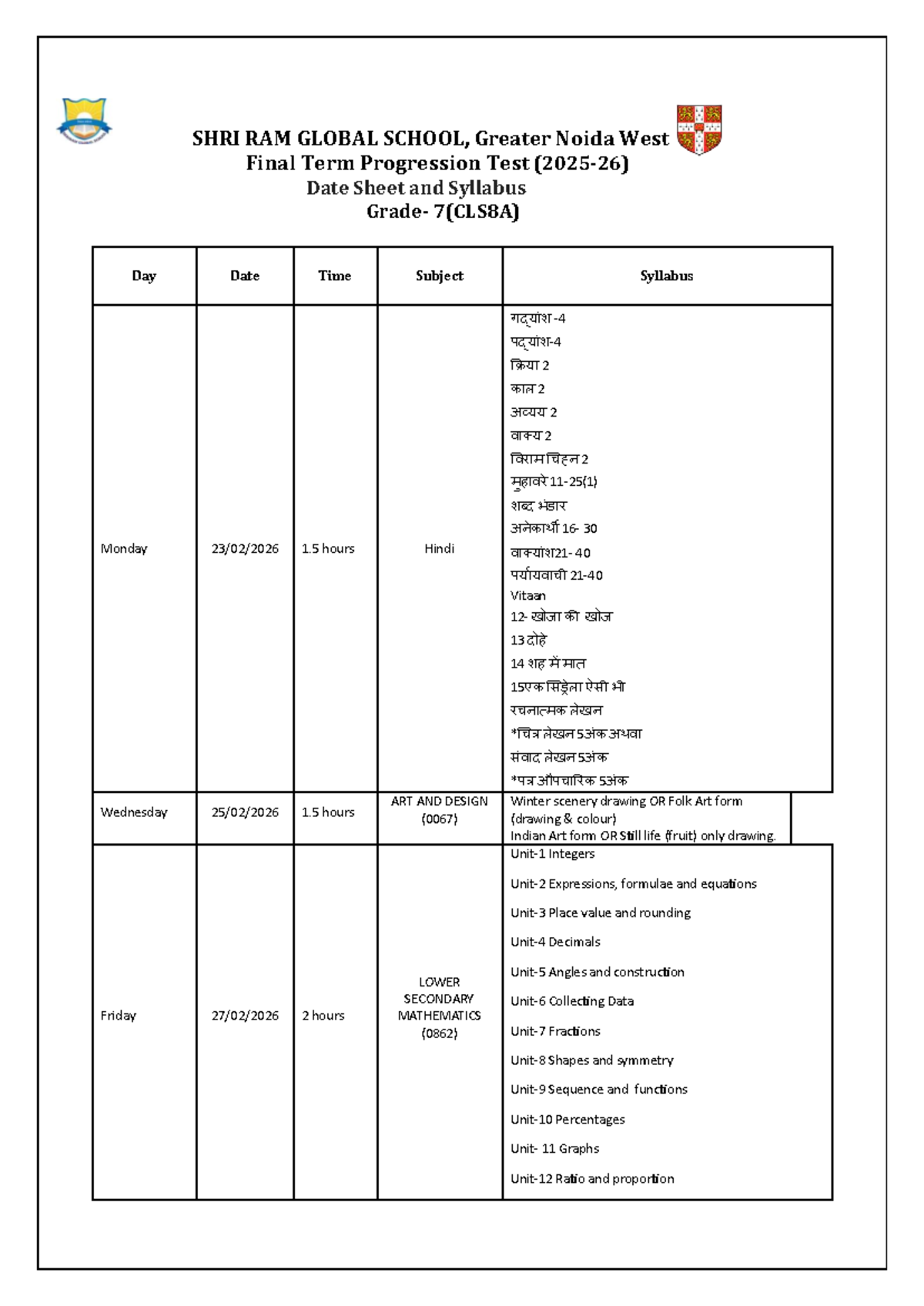 CLS 8A Final Term Progression Test Date Sheet & Syllabus 2025-26 - Studocu