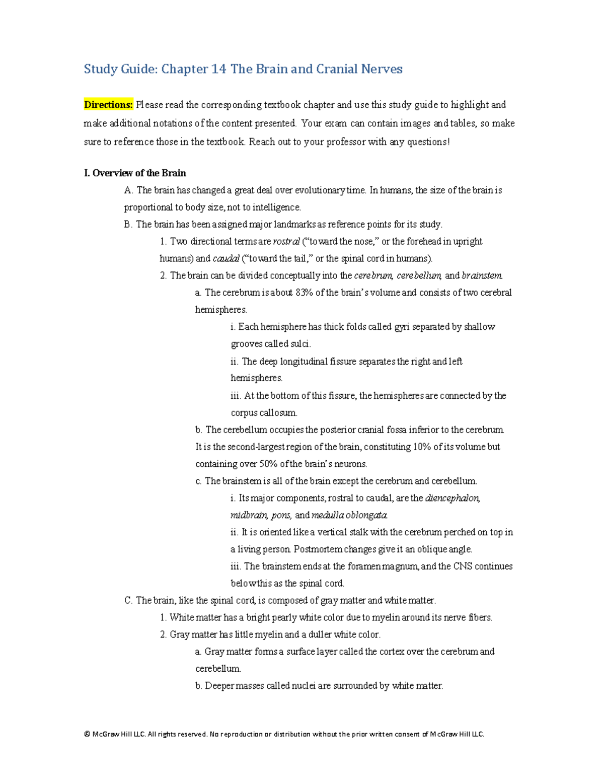 Study Guide: Chapter 14 The Brain and Cranial Nerves - Studocu