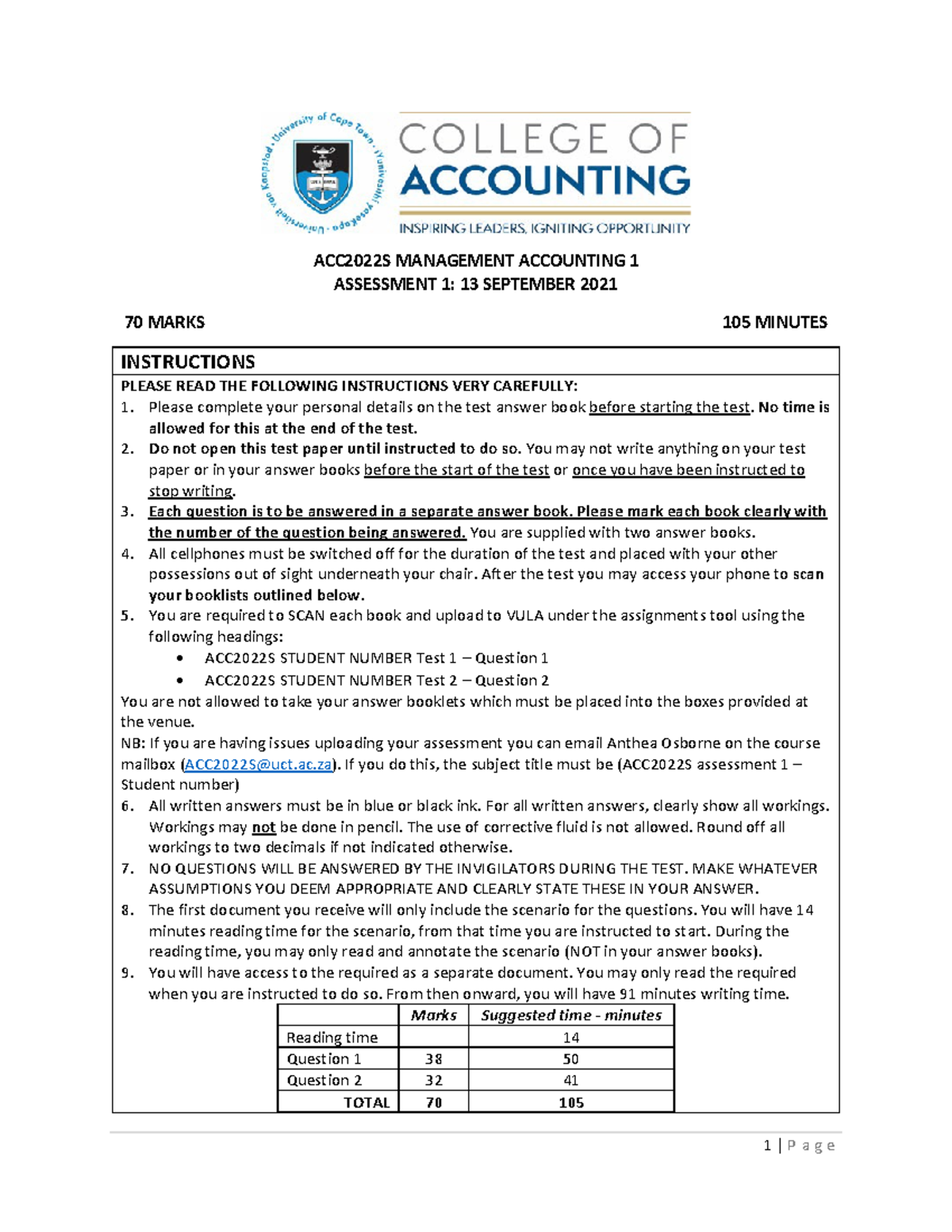 ACC2022S Management Accounting 1 Assessment 1 Guidelines and Scenarios ...