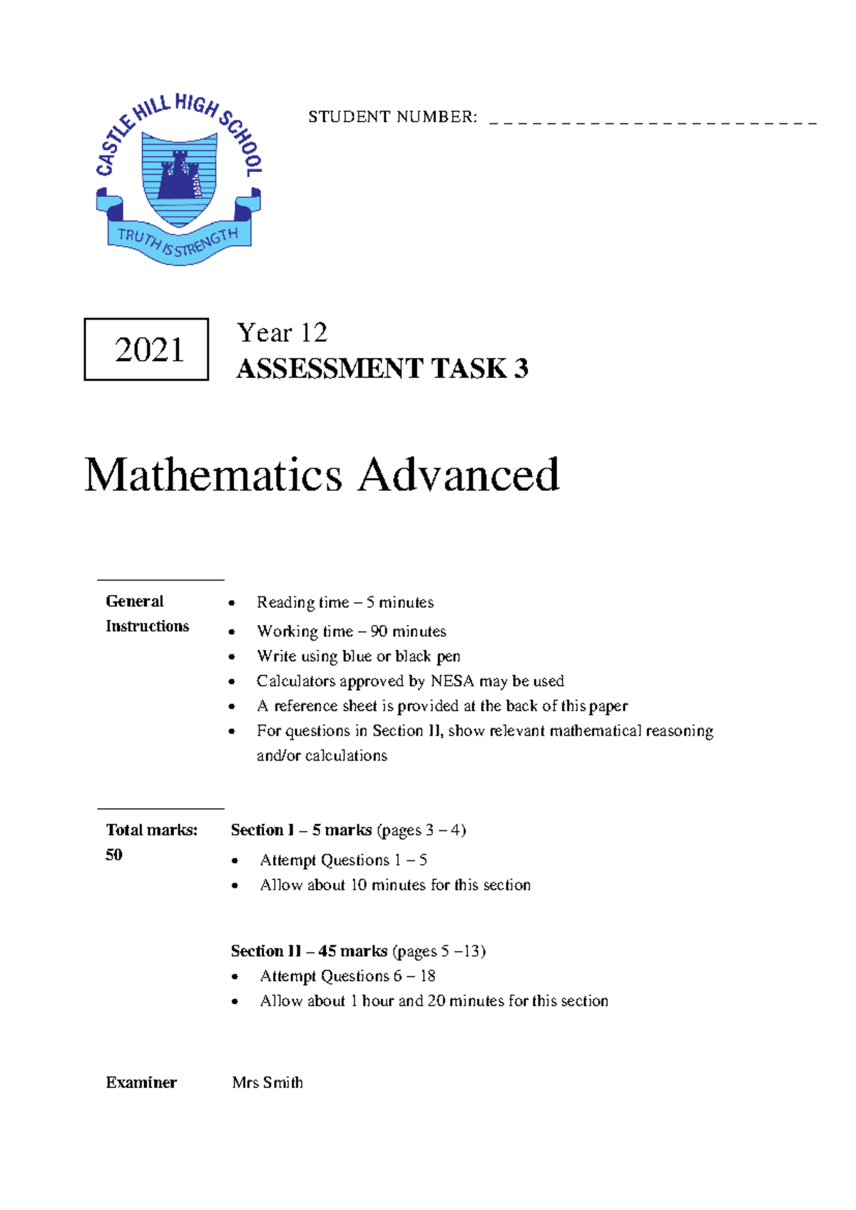 Year 12 Mathematics Advanced Assessment Task 3 2021 - Studocu